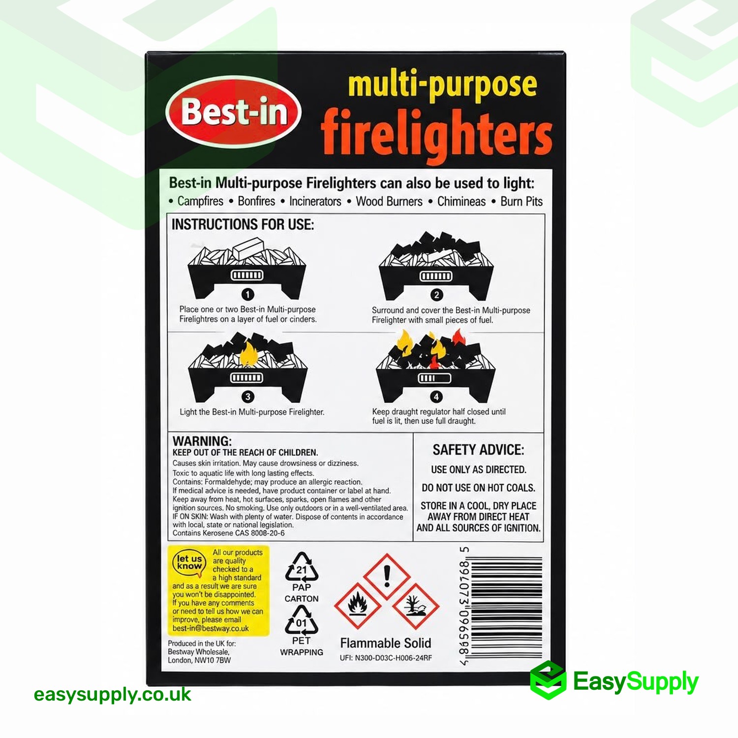 Best-in firelighters box back with instructions for use, warning and safety advice