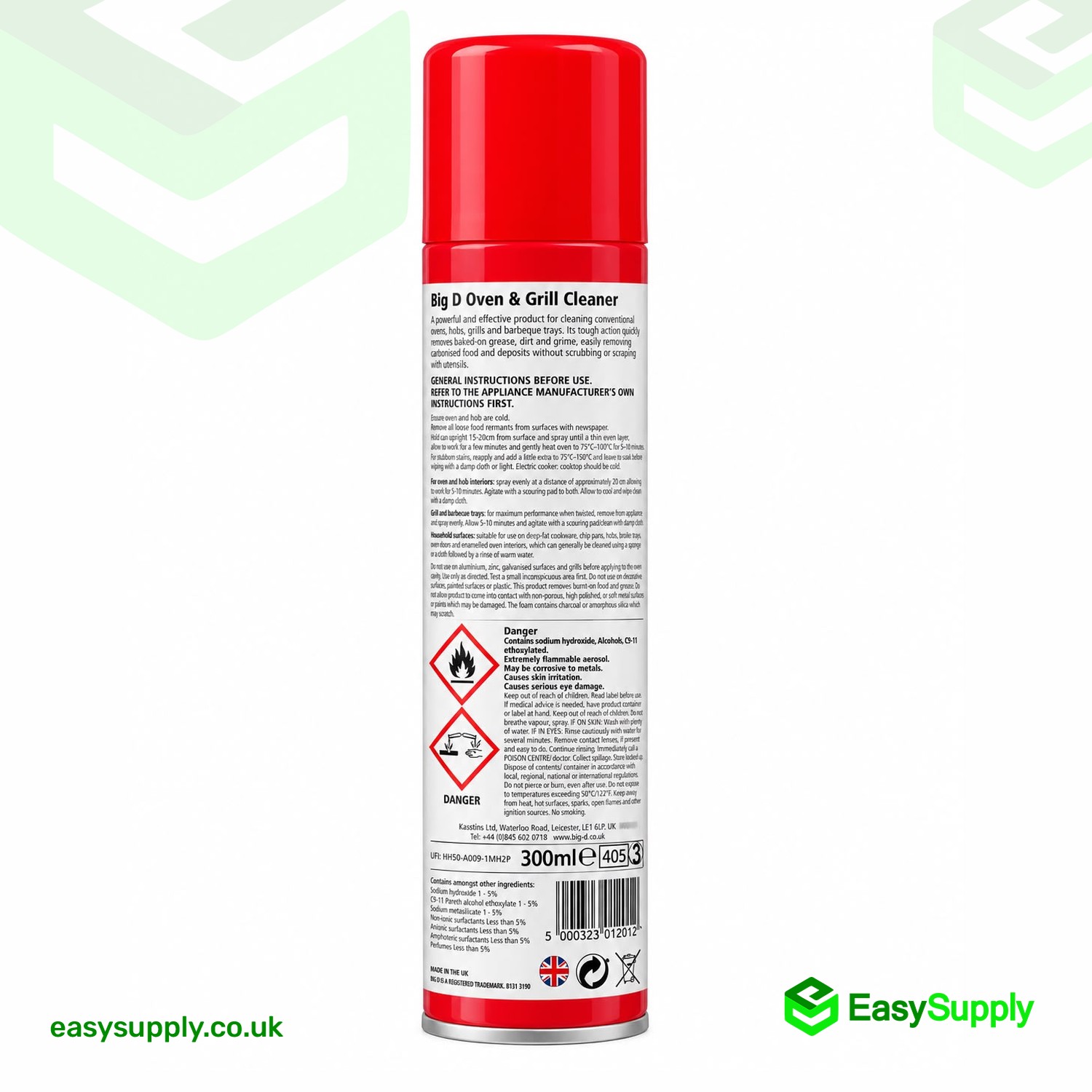 Back of the Big D Oven and Grill Cleaner 300ml aerosol with instructions and hazard warnings