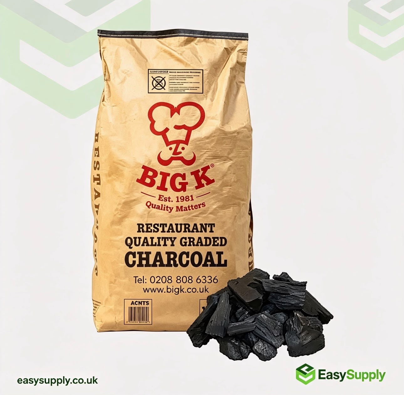 Big K charcoal 15 kg sack with lumpwood pieces