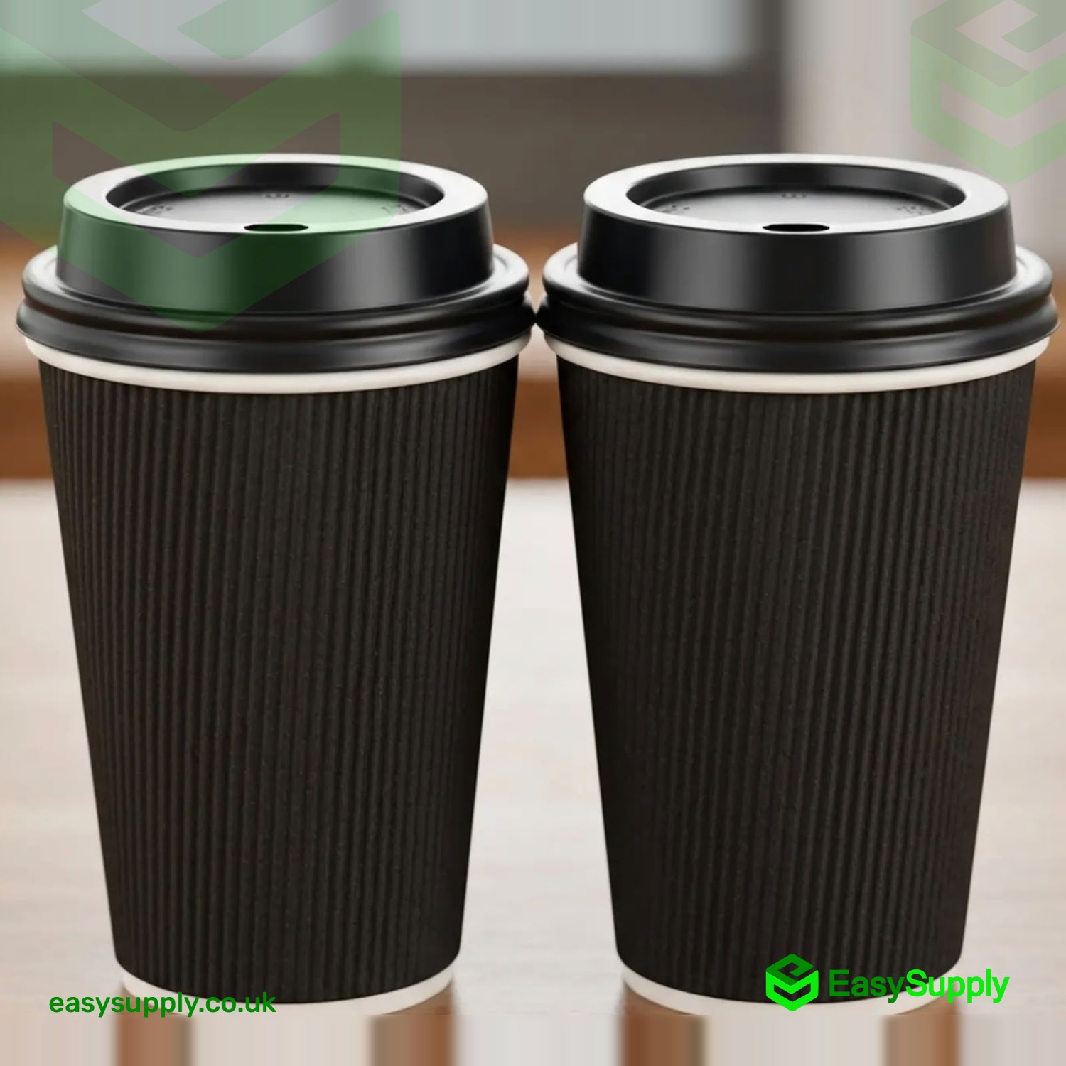 Black sip lids fitted on black ripple takeaway coffee cups
