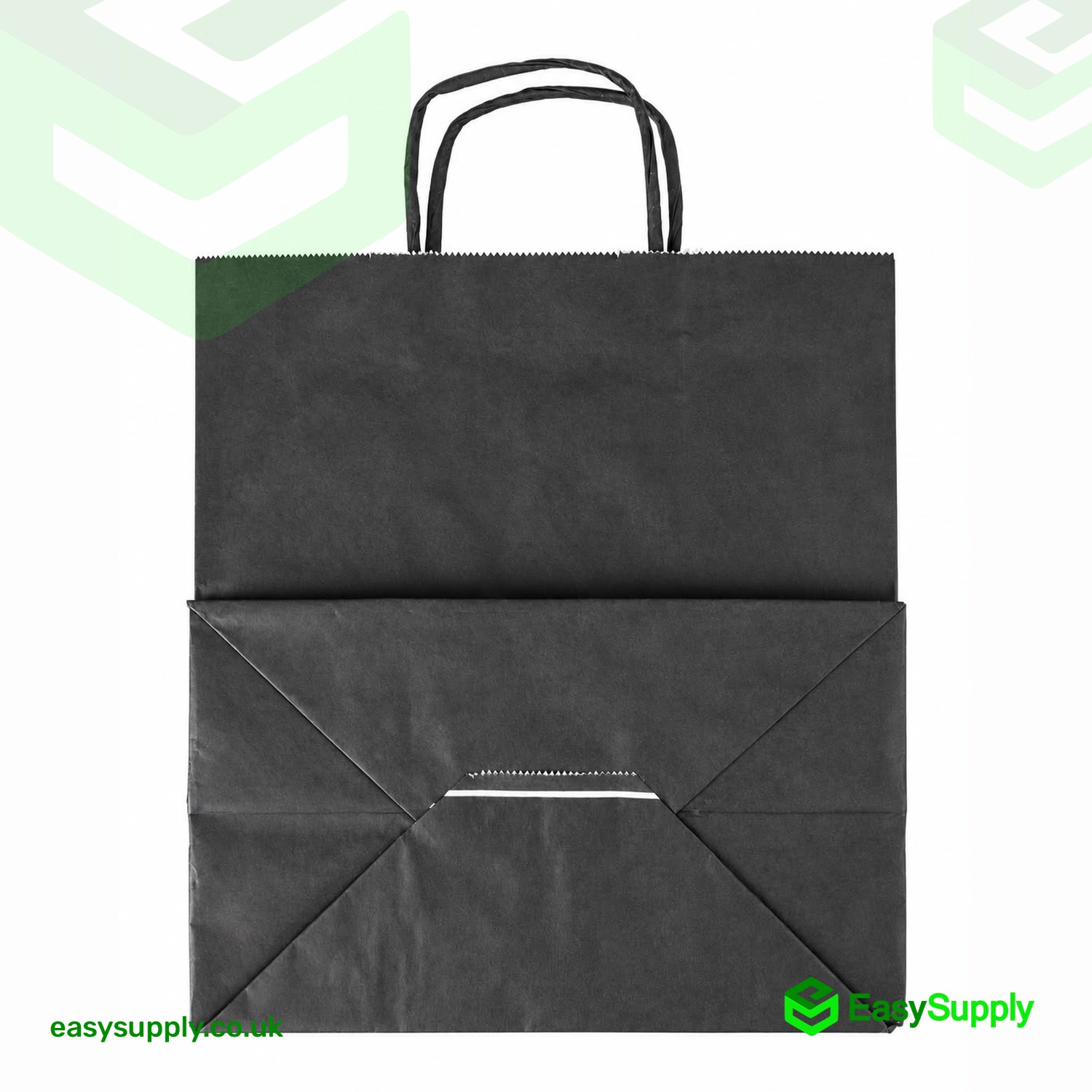 Jumbo black twisted handle paper bag, back view showing the folded block bottom