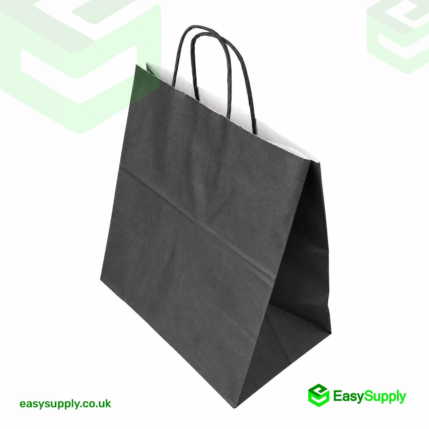 Jumbo black twisted handle paper bag standing open, white inside