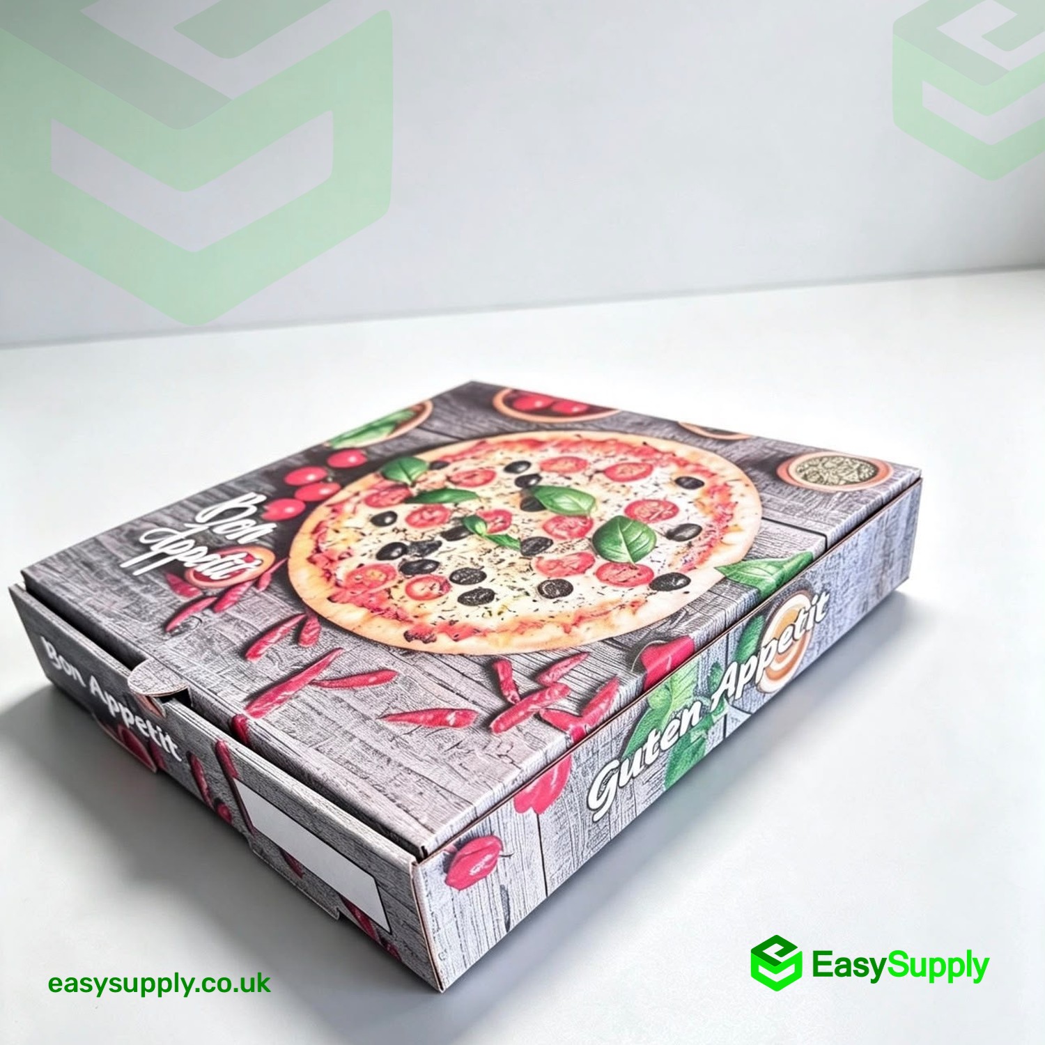 10 inch Bon Appetit pizza box closed side view with Guten Appetit print