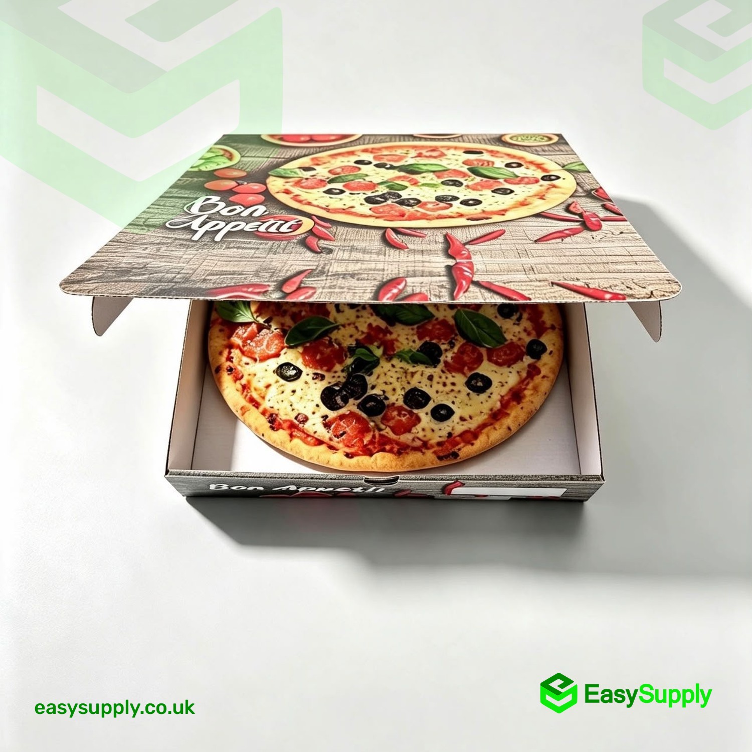 Open 9 inch white Bon Appetit pizza box with a freshly baked pizza inside