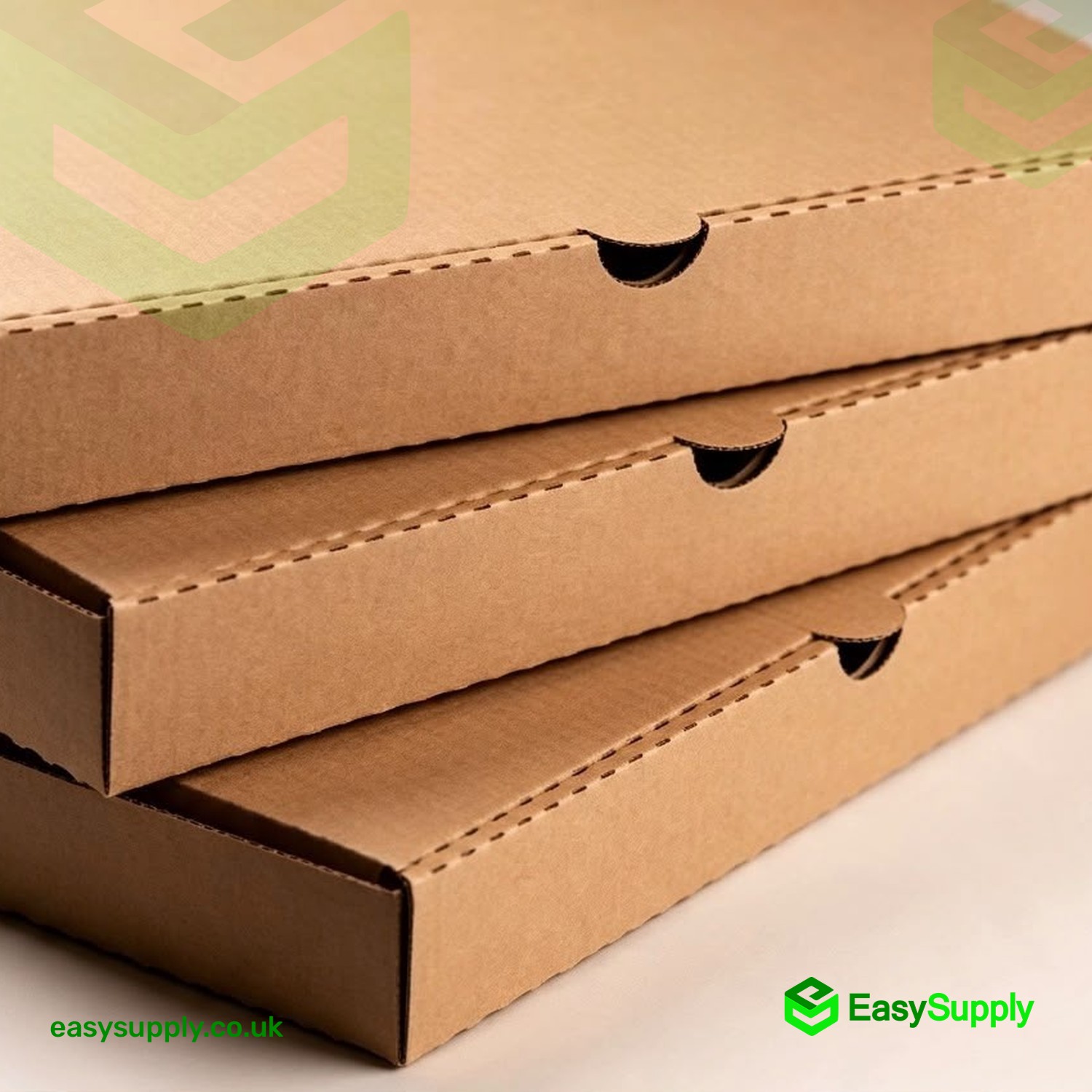 Close-up of stacked brown kraft pizza boxes