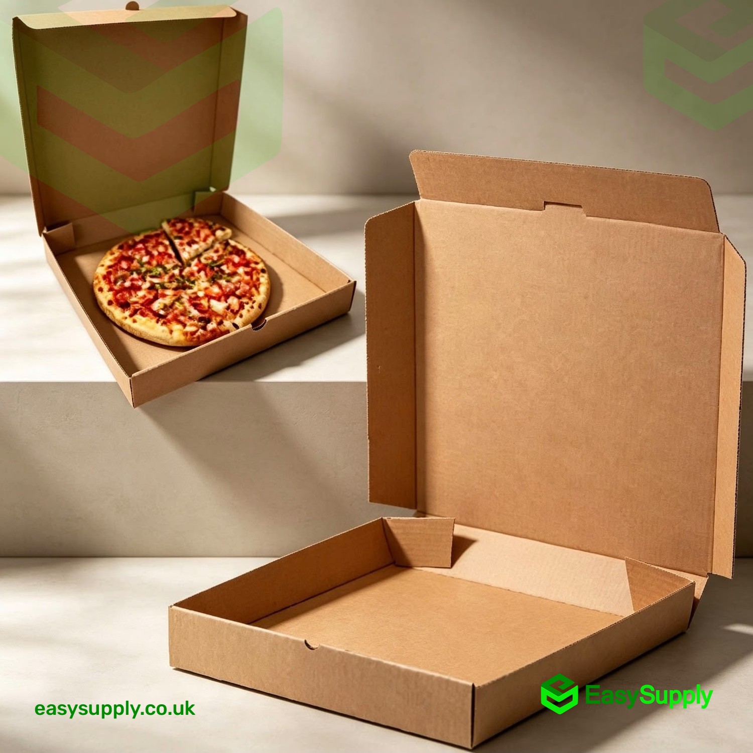 Brown kraft pizza boxes arranged on a counter