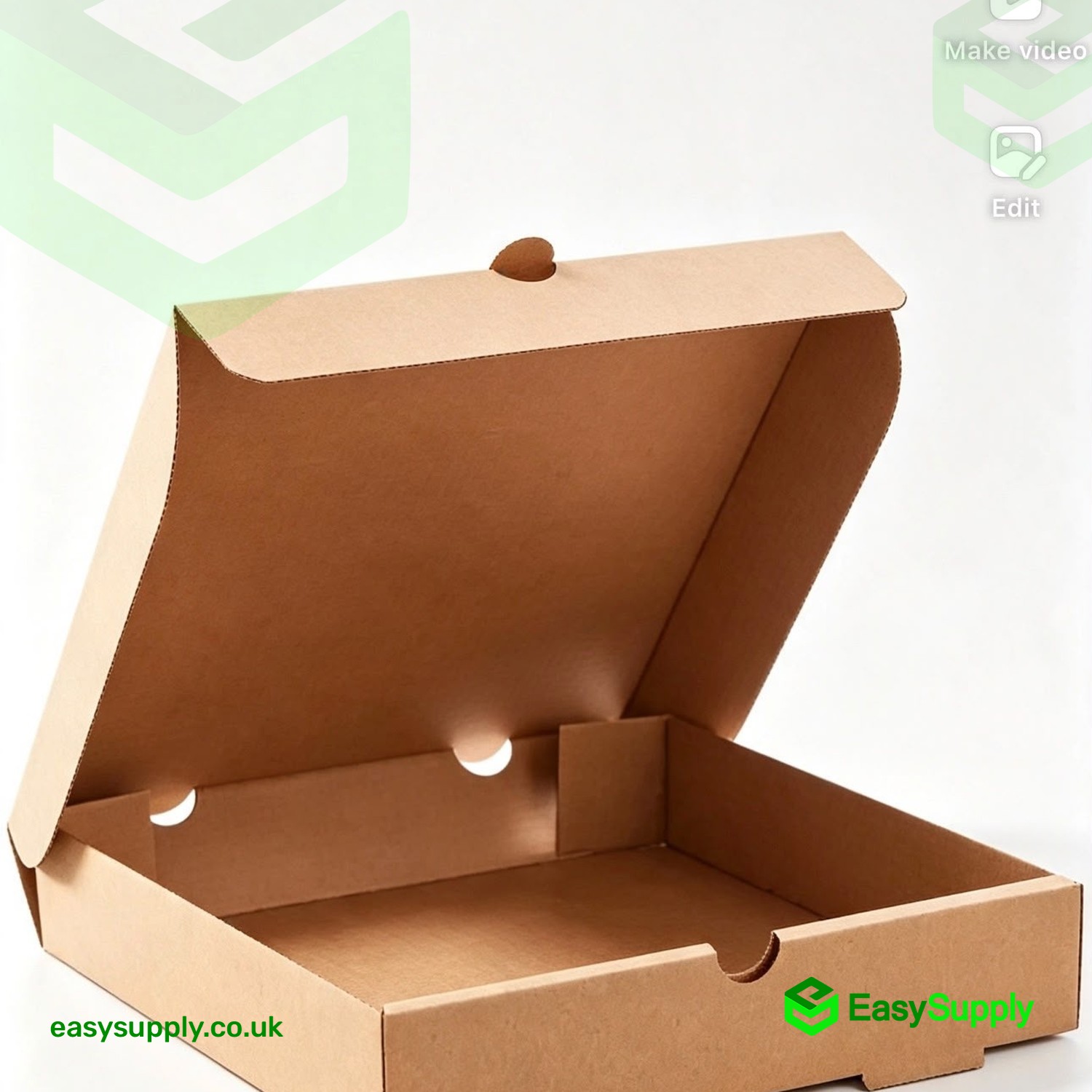 Open empty brown kraft pizza box with hinged lid