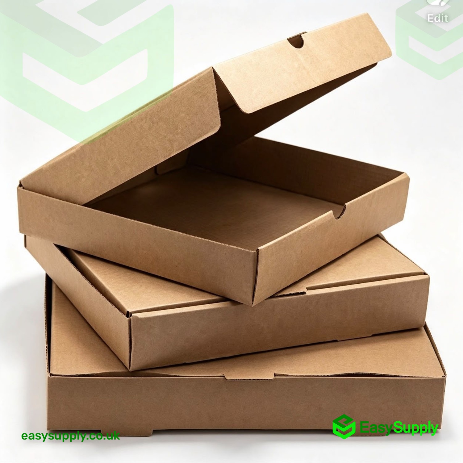 Stack of open brown kraft pizza boxes