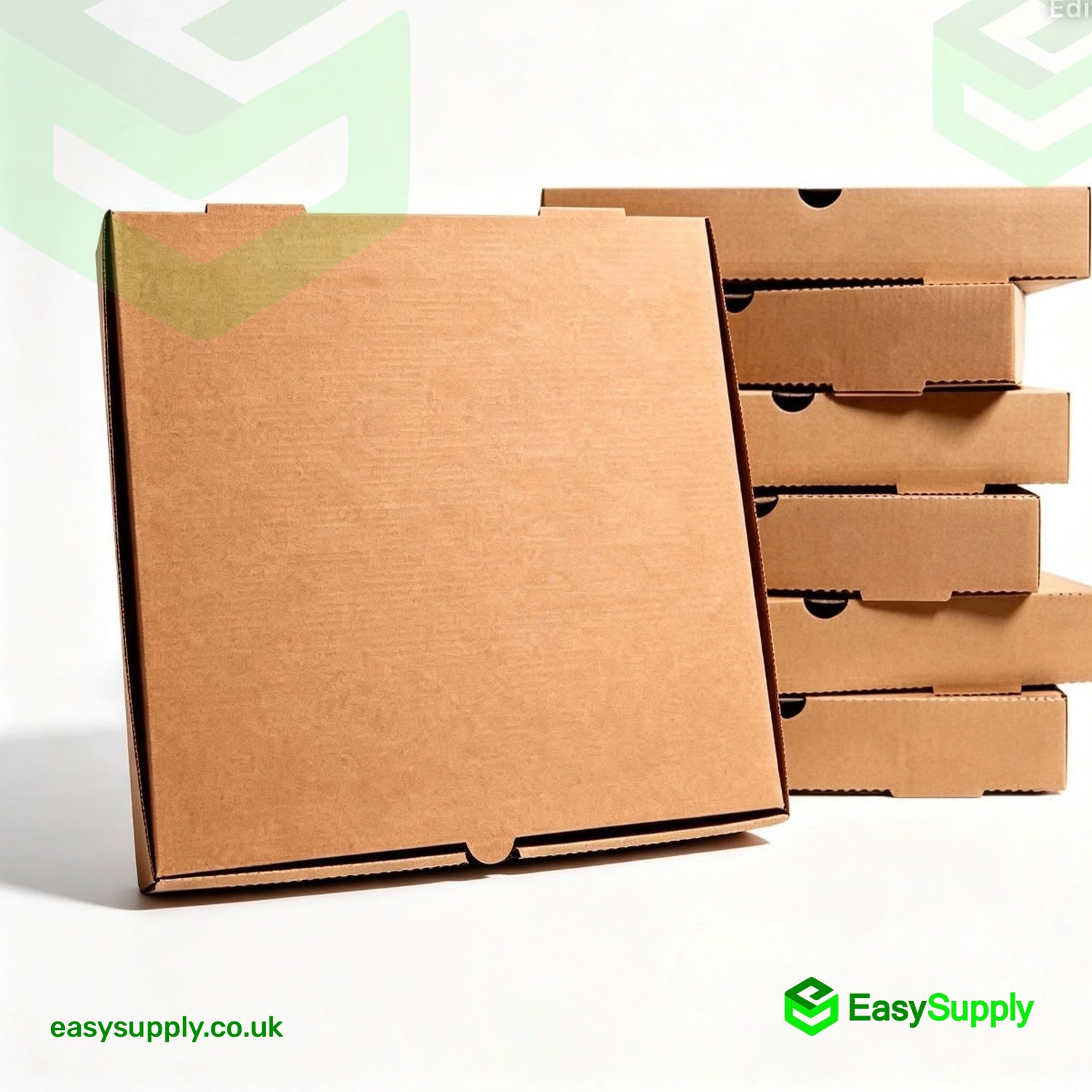 Brown kraft pizza box standing upright with stacked boxes behind