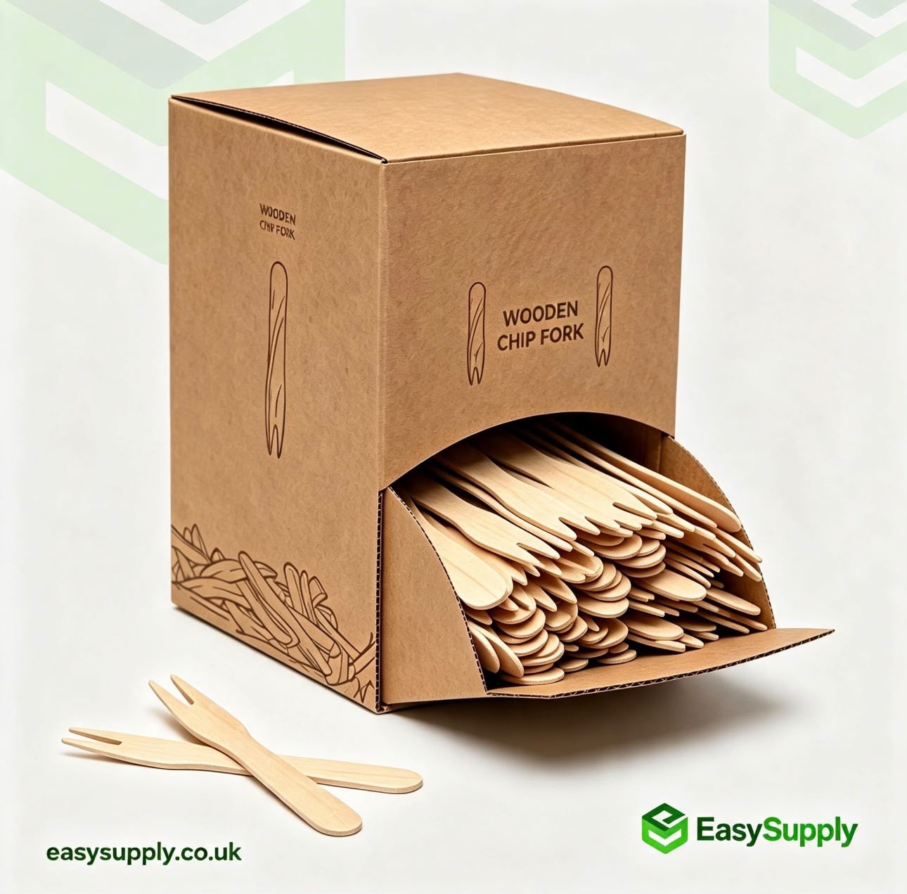 Takeaway Wooden Chip Forks with Dispenser Box