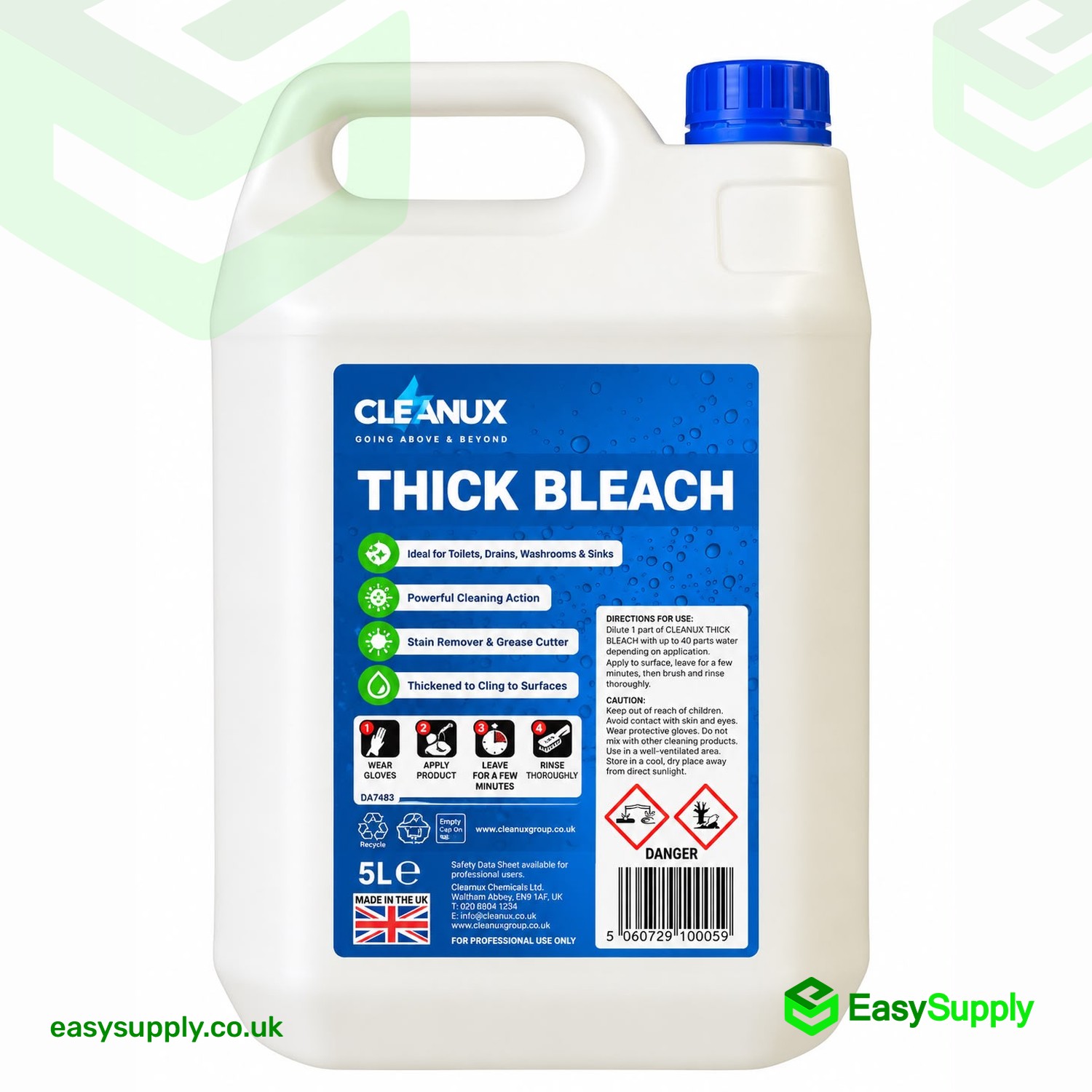 Cleanux Thick Bleach 5L jerrycan from the handle side showing dilution directions and hazard symbols