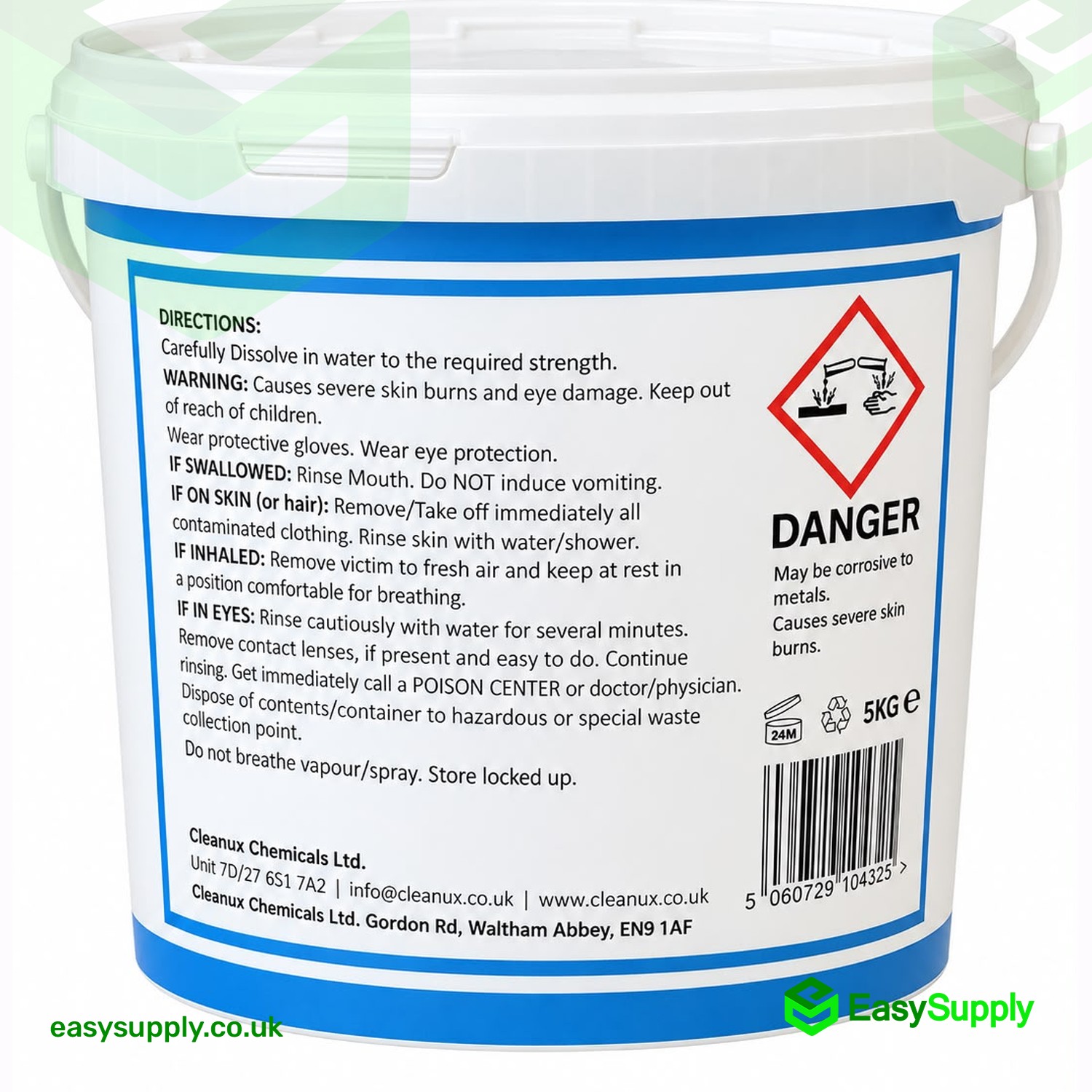 Back label of the Cleanux caustic soda 5kg tub with directions and corrosive hazard warnings