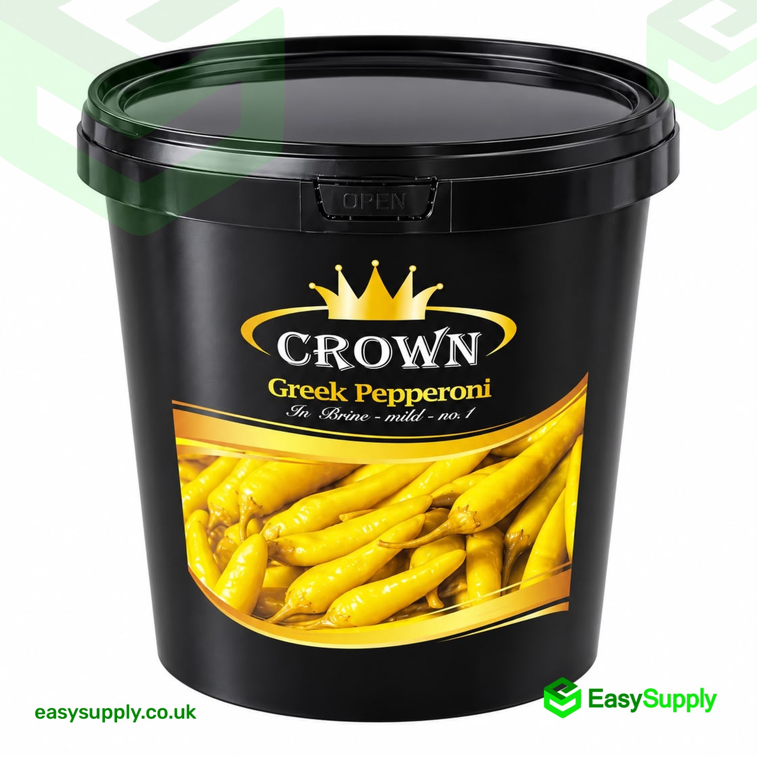 Crown Greek Pepperoni bucket, front label
