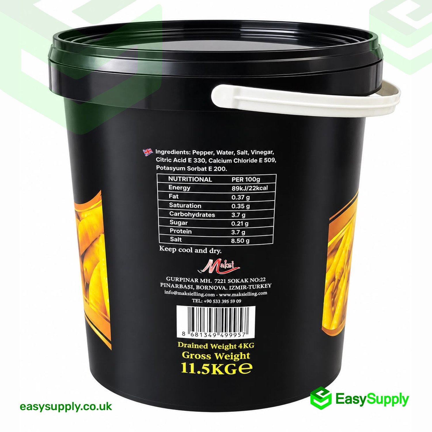 Crown Greek Pepperoni bucket back label with ingredients, nutrition and 11.5 kg gross weight