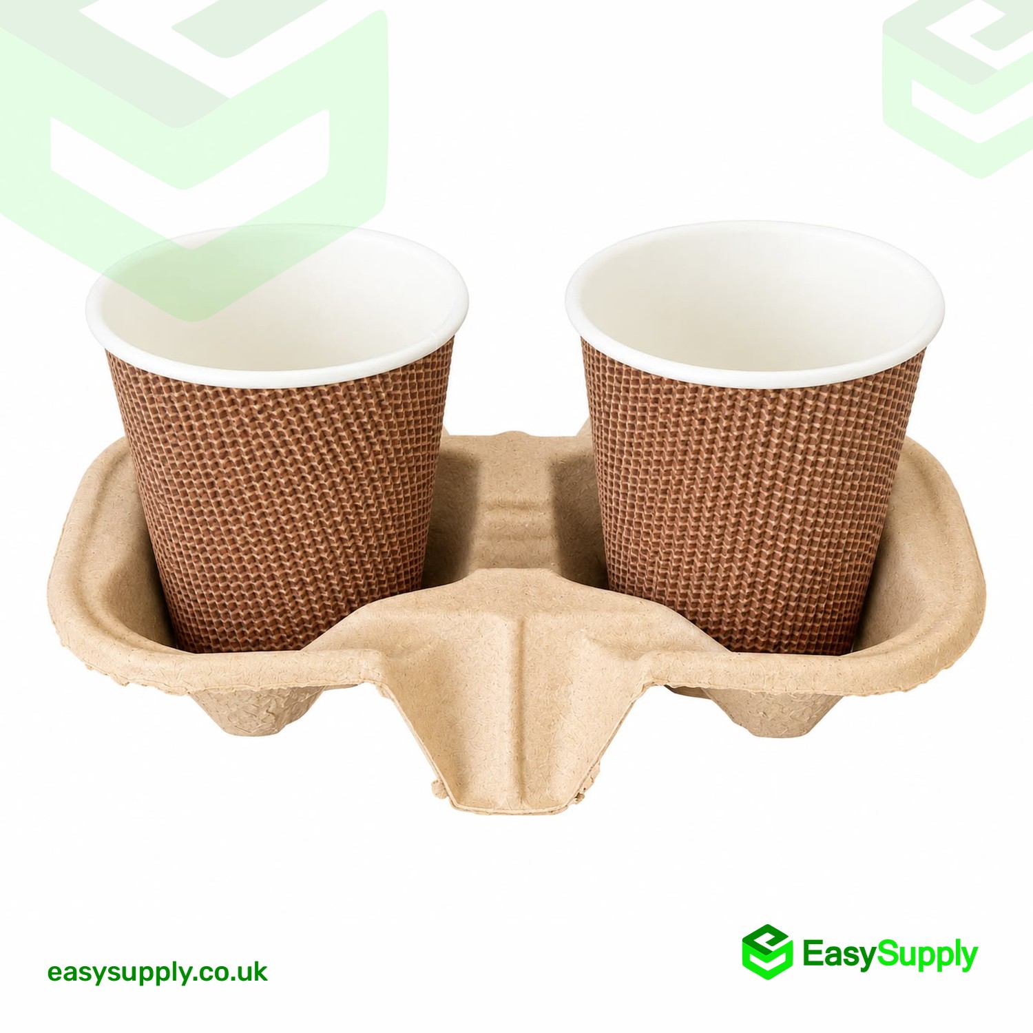 Moulded pulp 2 cup carrier holding two brown ripple takeaway cups