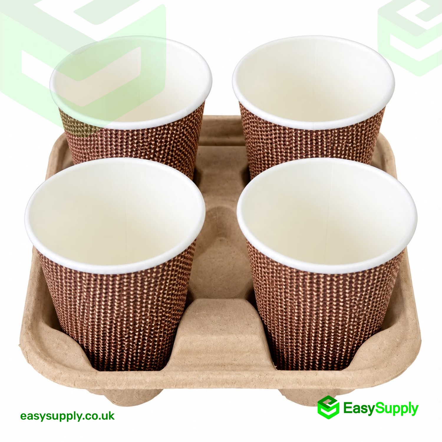 Moulded pulp 4 cup carrier holding four brown ripple takeaway cups