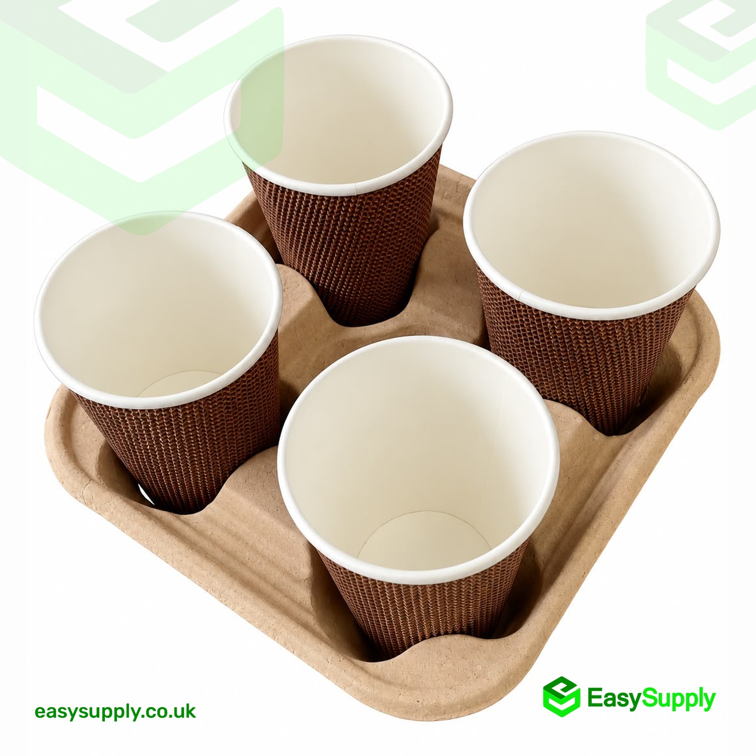4 cup carrier tray with takeaway cups, angled view