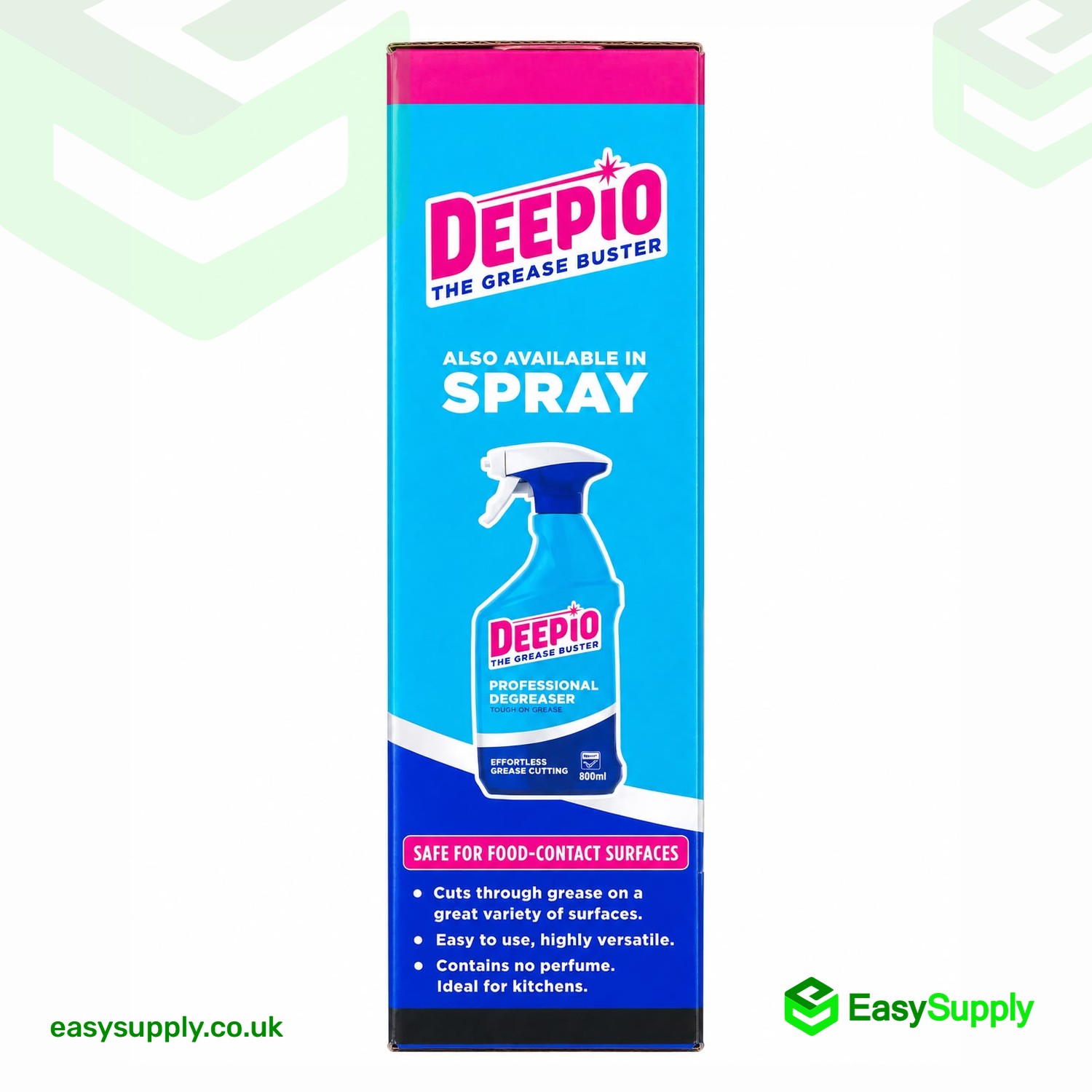 Side panel of the Deepio powder degreaser carton - safe for food-contact surfaces, contains no perfume