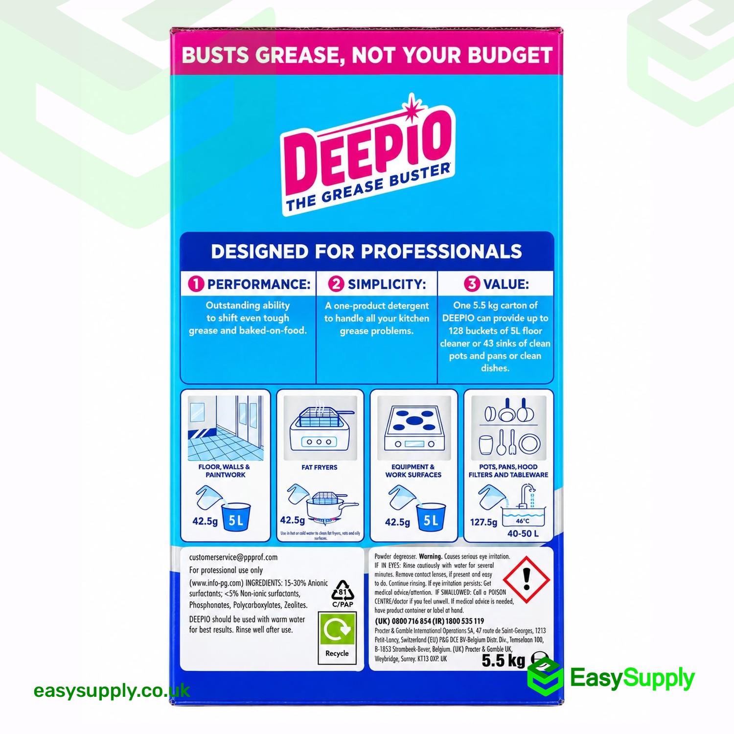 Back of the Deepio 5.5kg carton with dosage for floors, fat fryers, work surfaces, pots, pans and hood filters