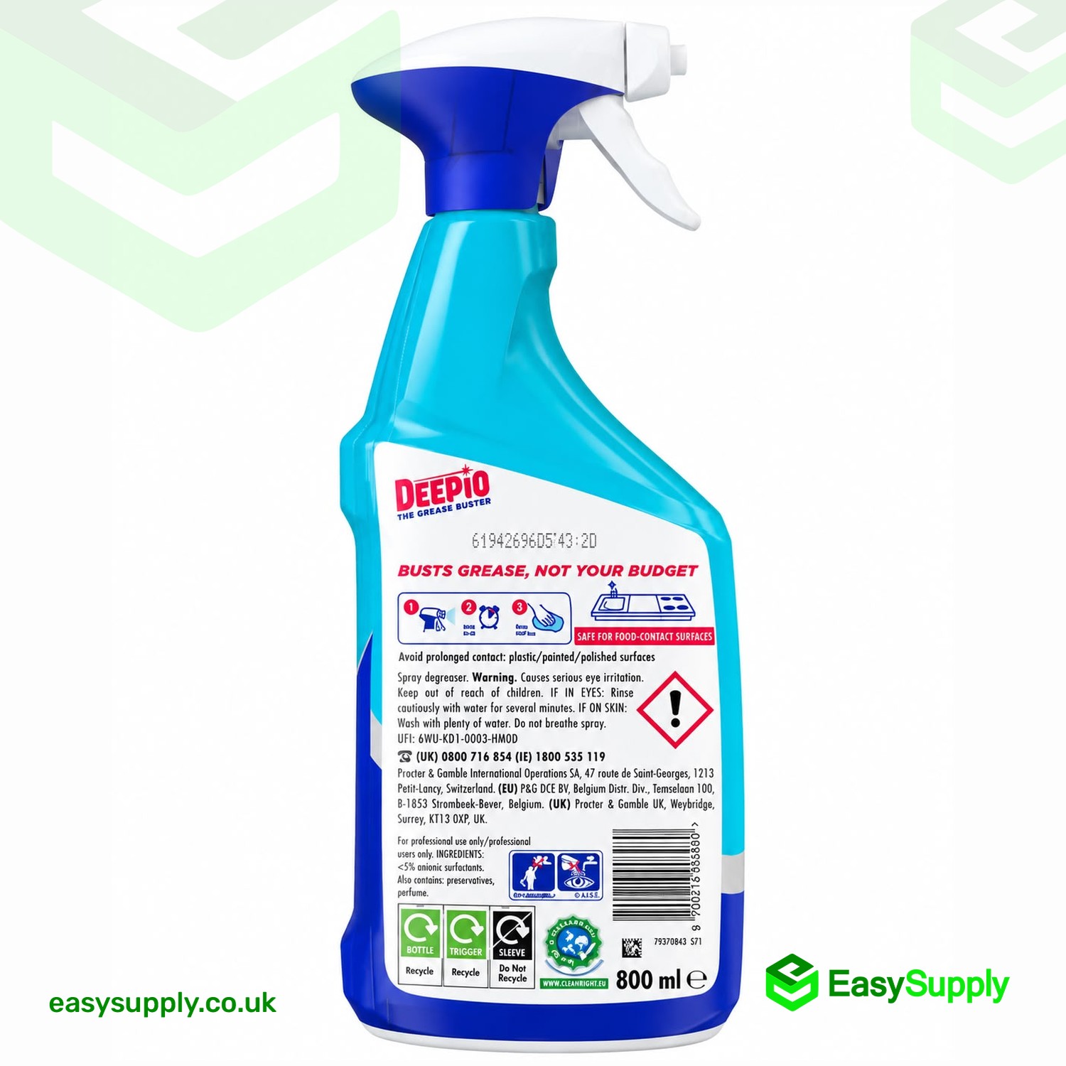 Back label of Deepio degreaser spray - spray, wait and wipe steps, safe for food-contact surfaces