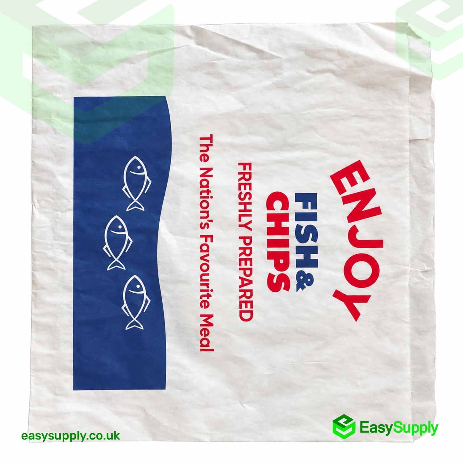ENJOY Fish & Chips jumbo greaseproof bag lying on its side