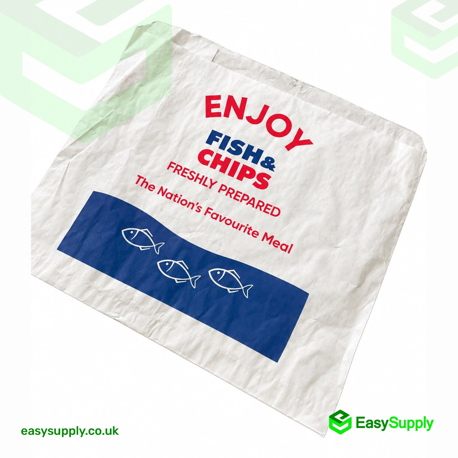 ENJOY Fish & Chips jumbo greaseproof bag, angled view