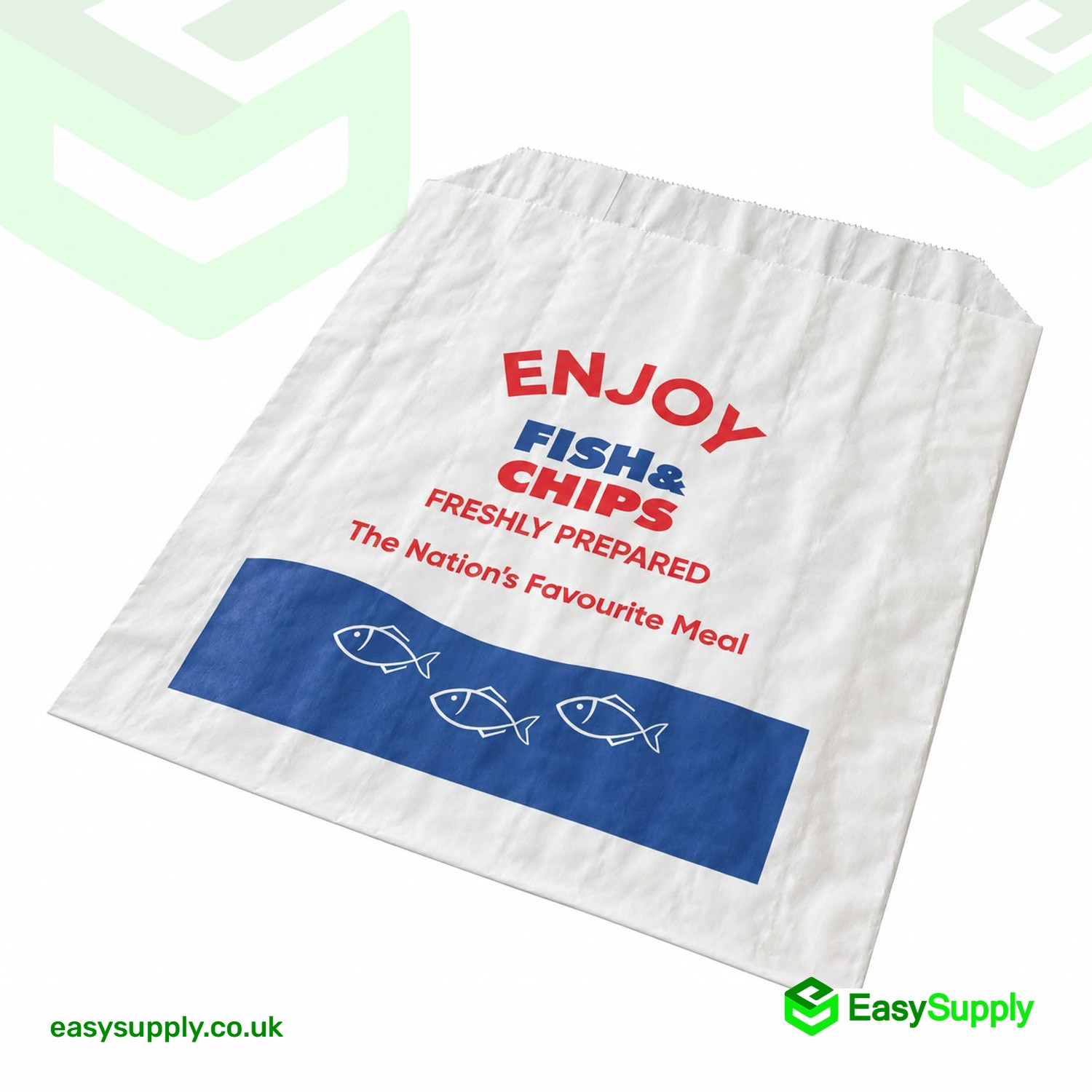 ENJOY Fish & Chips medium greaseproof bag, angled view