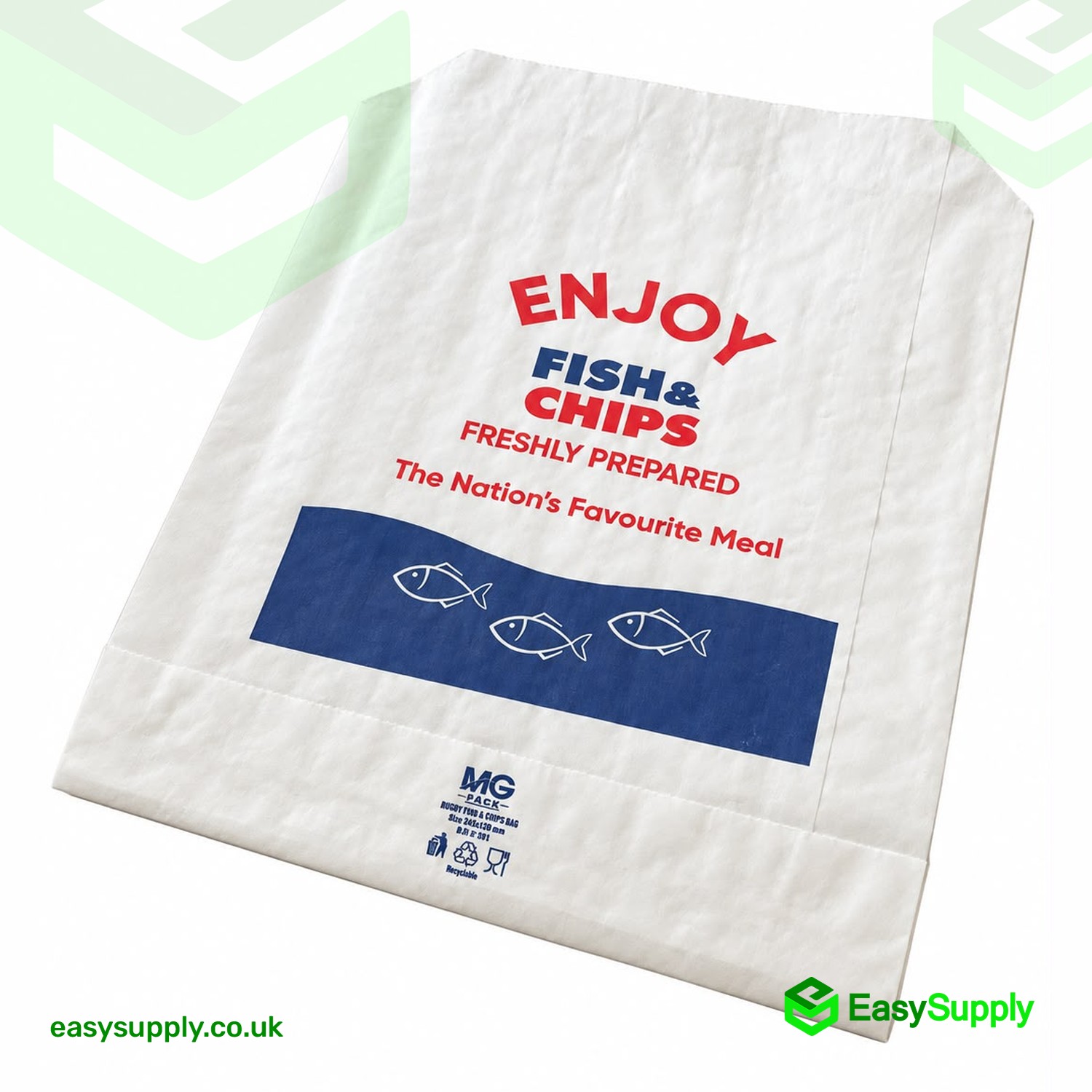 ENJOY Fish & Chips small greaseproof bag, angled view