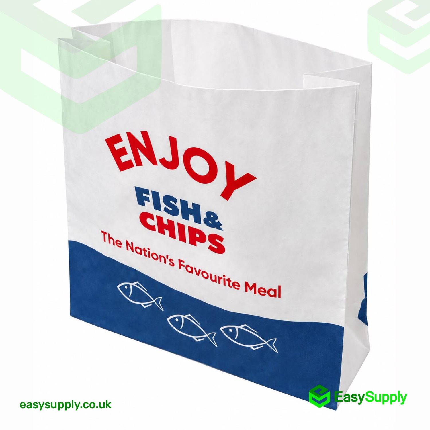ENJOY Fish & Chips large greaseproof SOS bag standing open