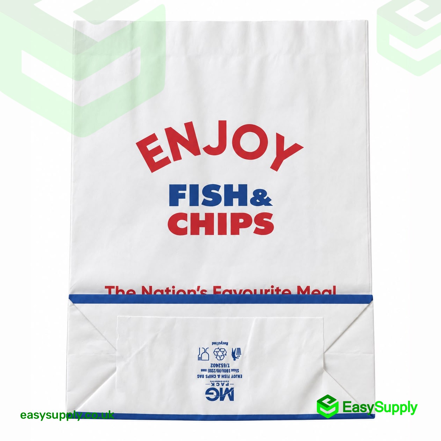 ENJOY Fish & Chips medium greaseproof SOS bag showing the block bottom