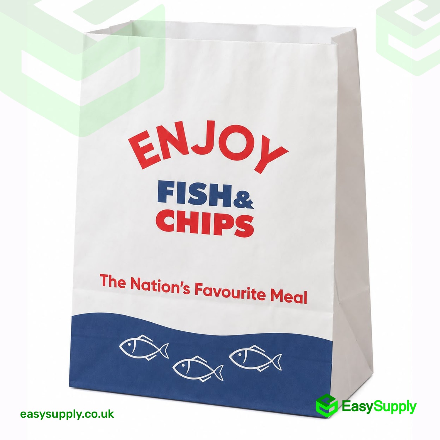 ENJOY Fish & Chips medium greaseproof SOS bag standing open