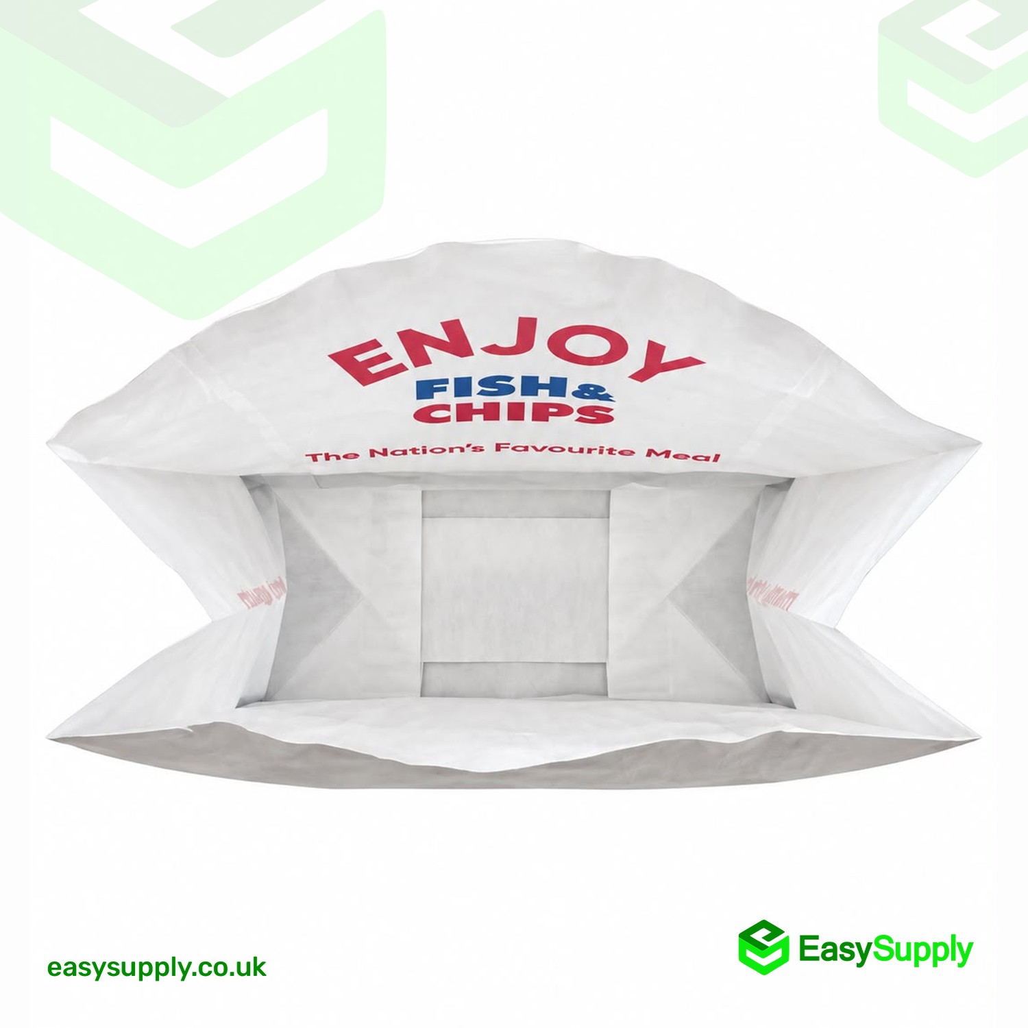 ENJOY Fish & Chips medium greaseproof SOS bag opened from above