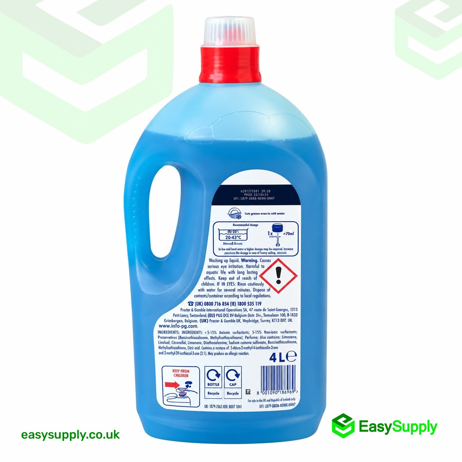 Back label of Fairy Professional Antibacterial 4L showing dosage guidance and safety information
