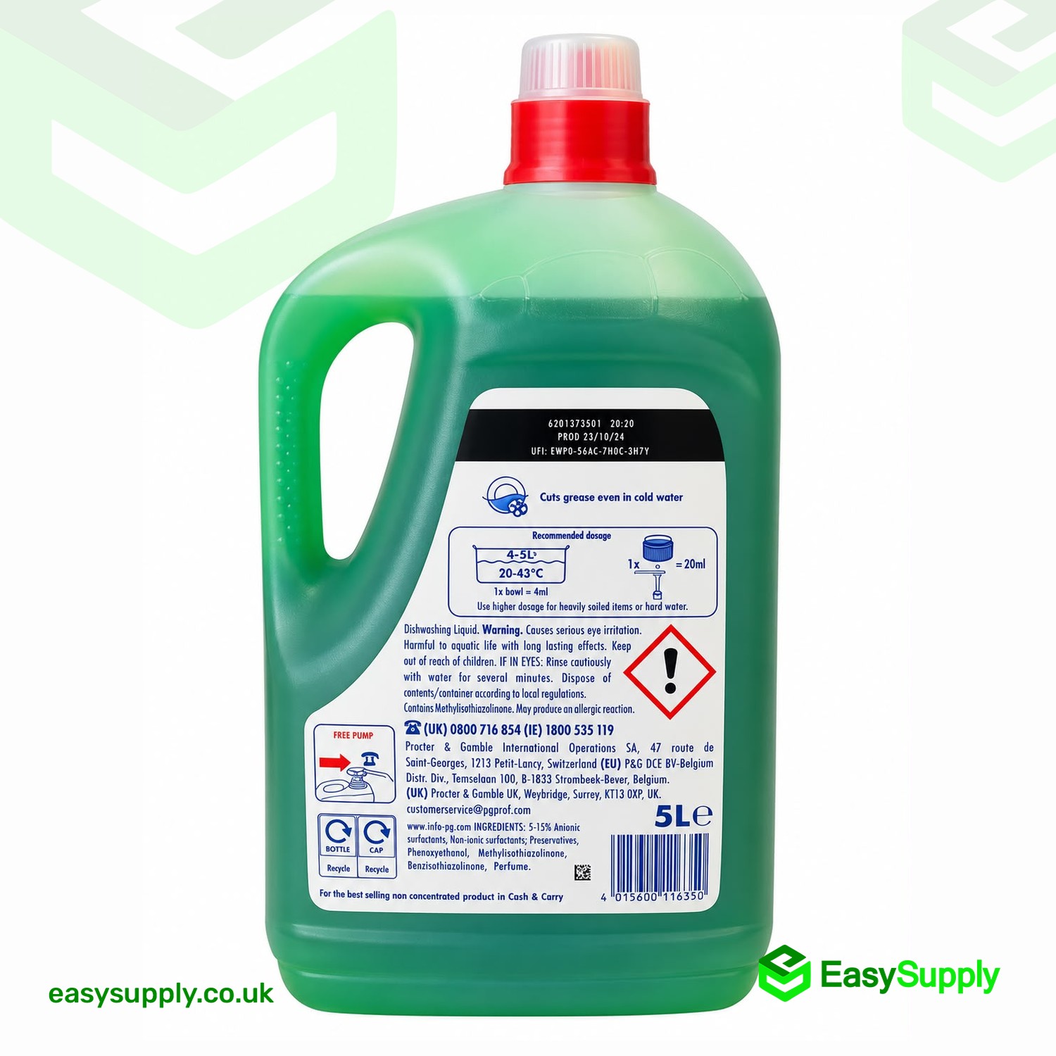 Back label of Fairy Professional Original 5L showing the 4ml per bowl dosage and safety information