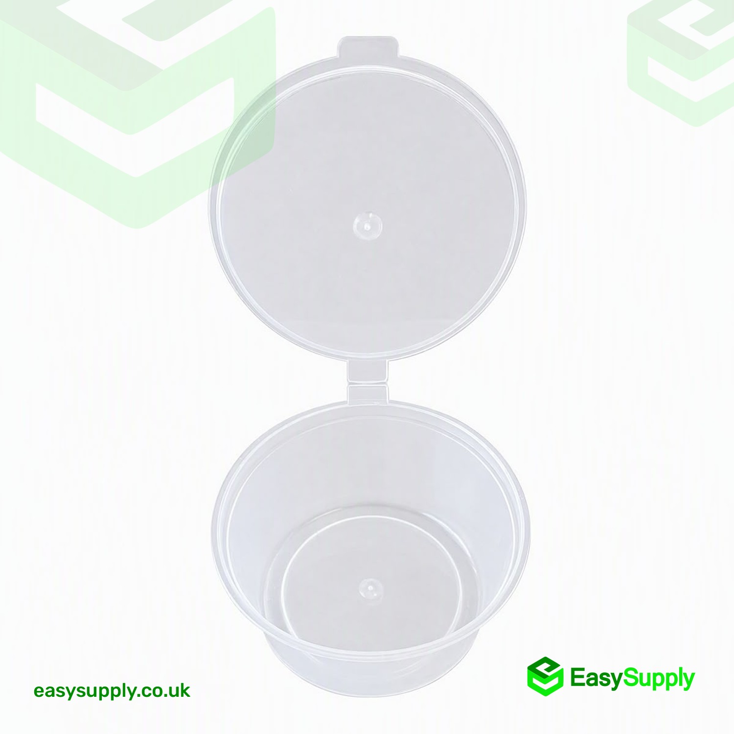 3 oz hinged sauce cup with the attached lid fully open above the pot