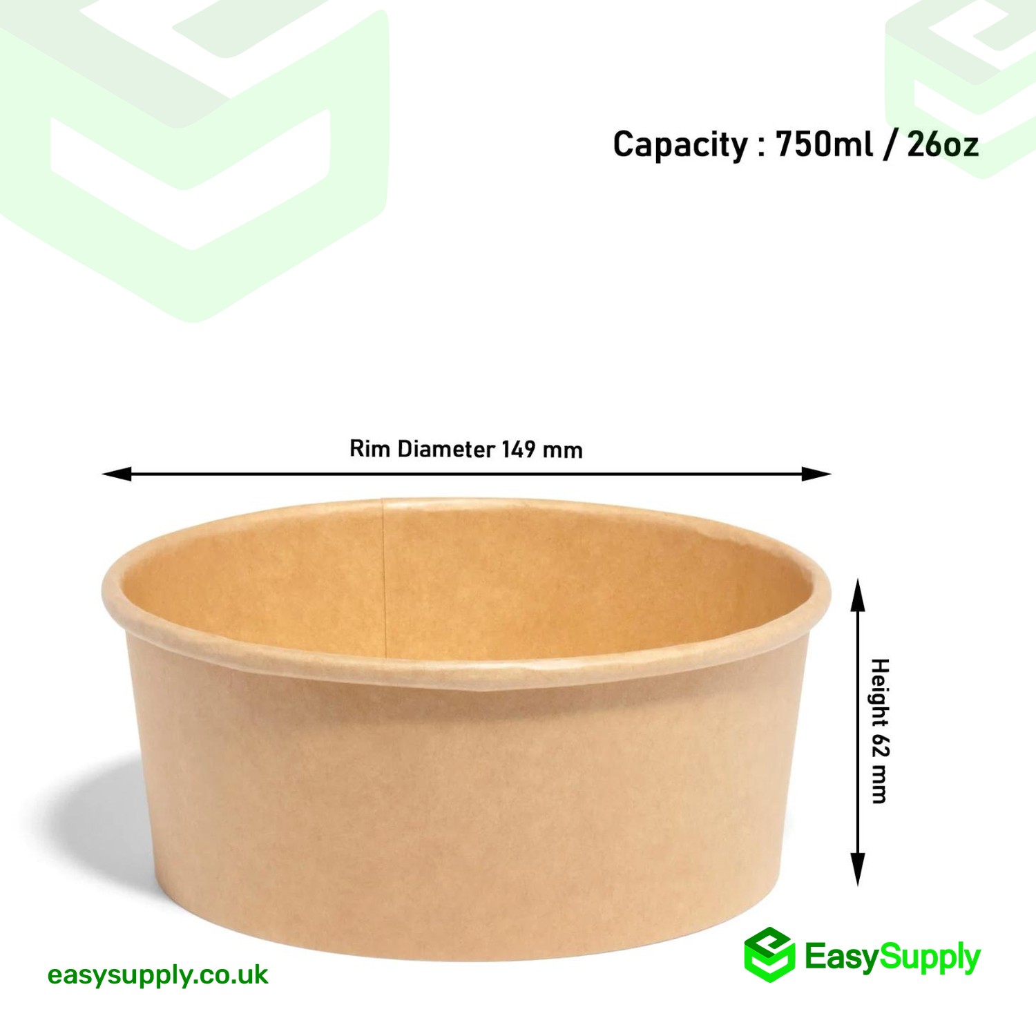 750 ml kraft paper bowl with the 149 mm rim diameter and 62 mm height marked