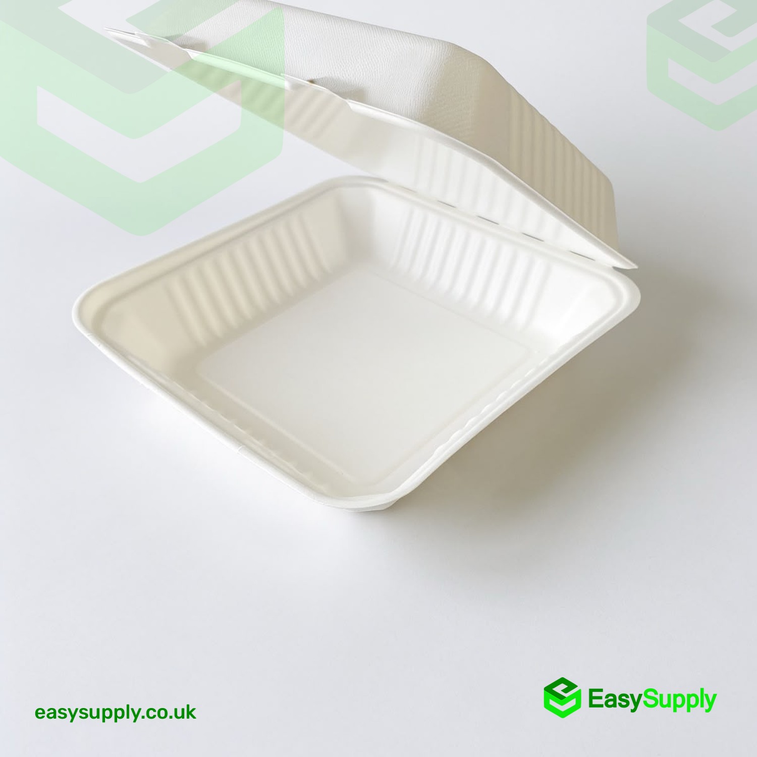 MB1 bagasse clamshell lunch box open at an angle showing the deep single compartment