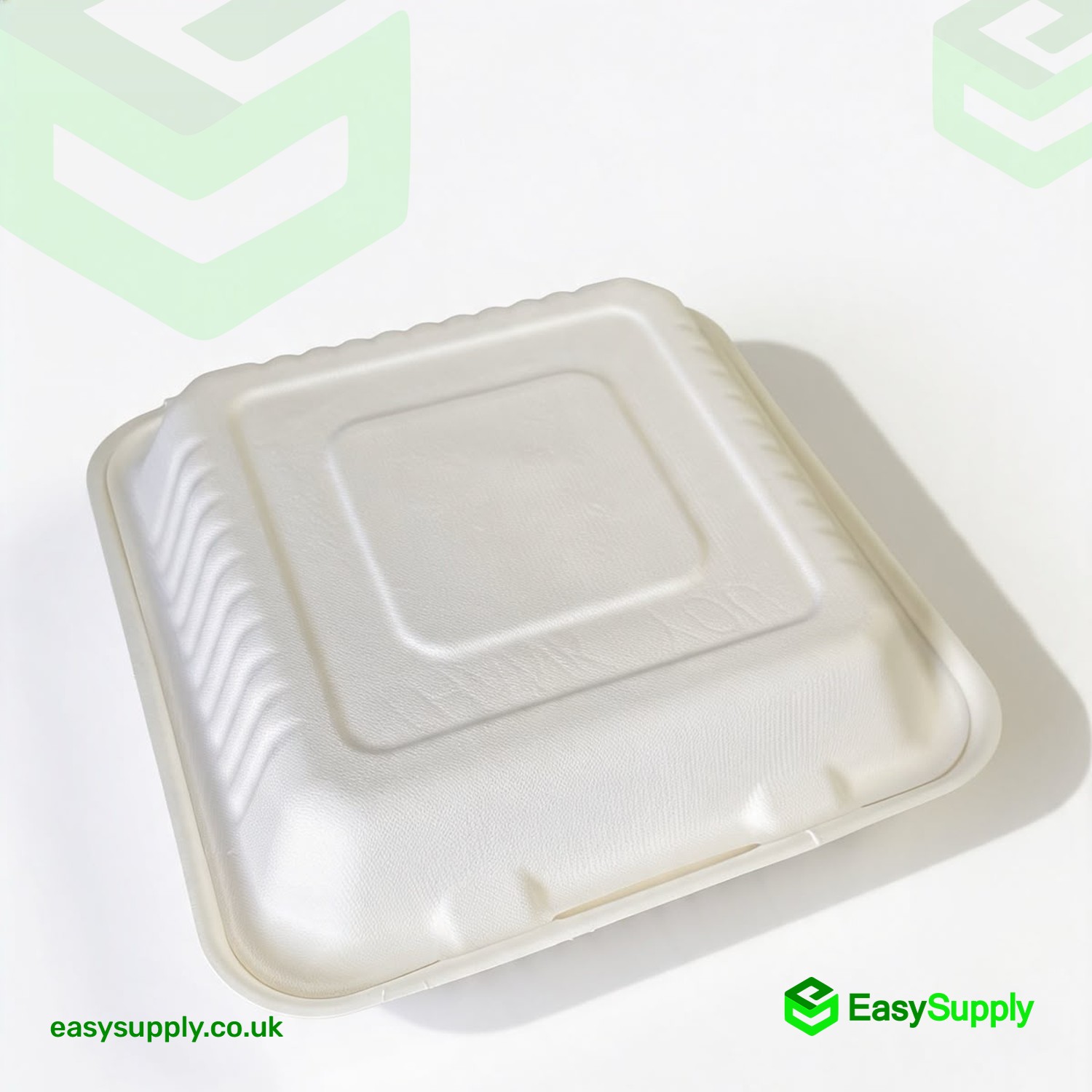Closed MB1 bagasse clamshell box showing the ribbed lid and tab lock