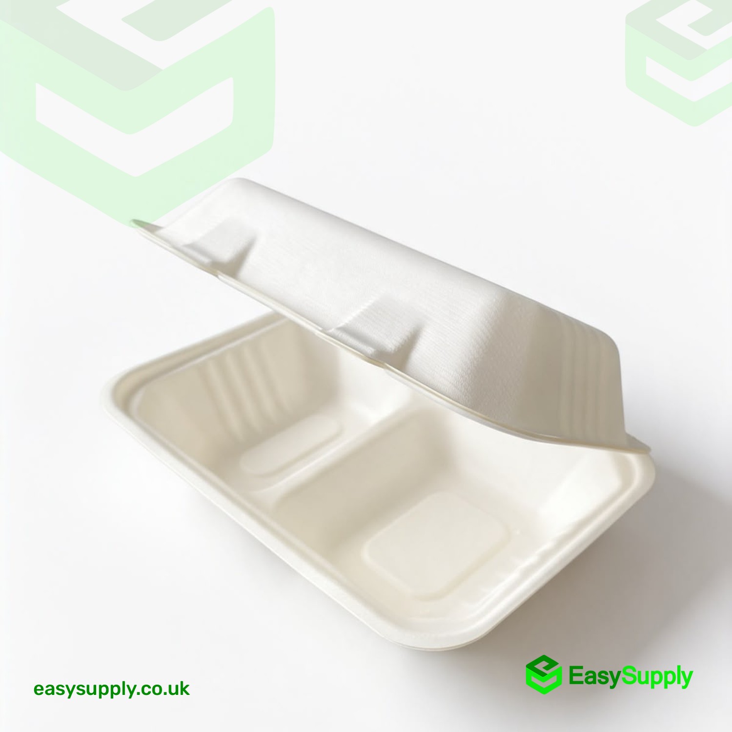MB2 two compartment bagasse clamshell open at an angle showing the divided base