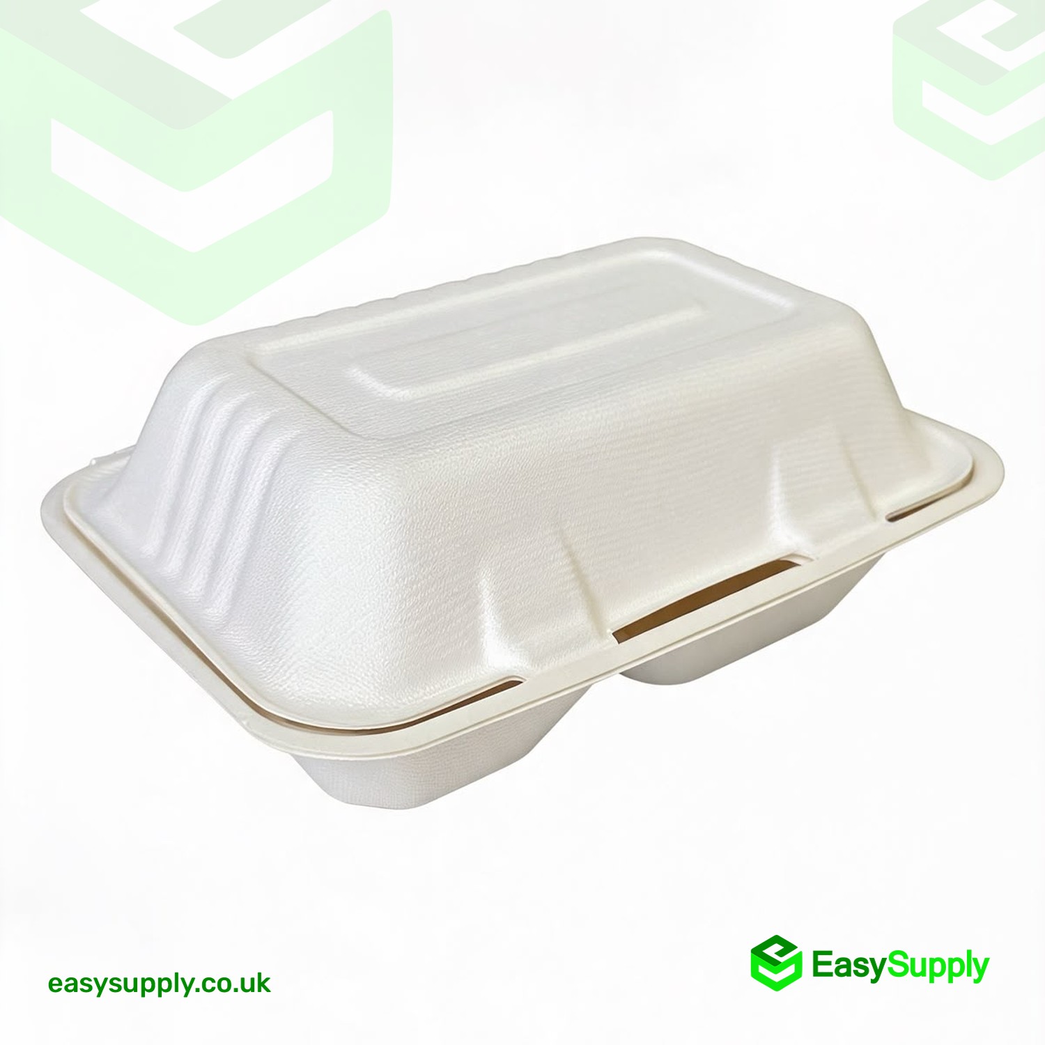 Closed MB2 bagasse clamshell box showing the ribbed lid and side tab locks