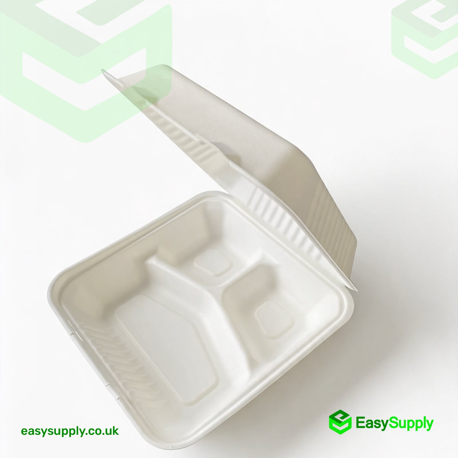 MB3 three compartment bagasse clamshell open at an angle showing the moulded dividers