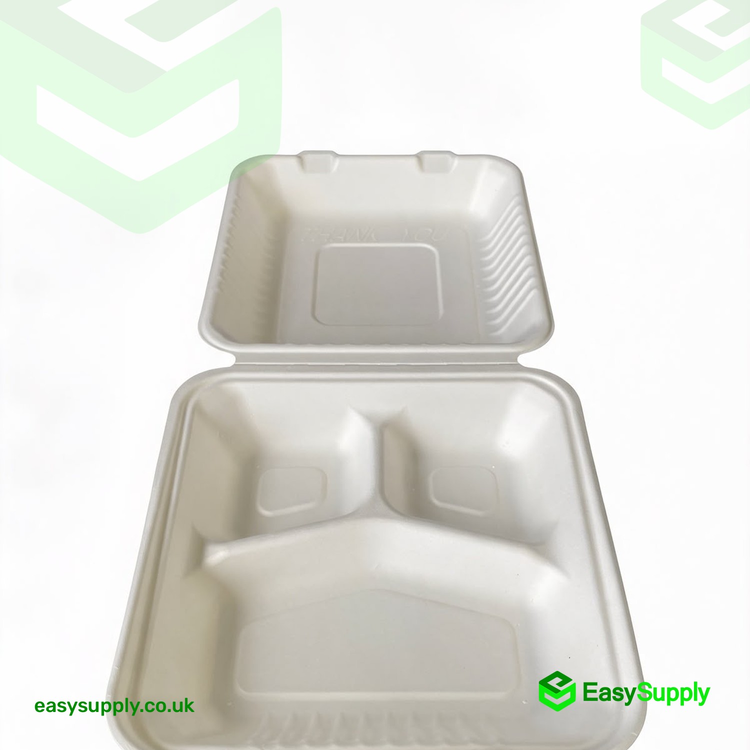 MB3 3 Compartment Bagasse Clamshell Lunch Box 228x228x77mm
