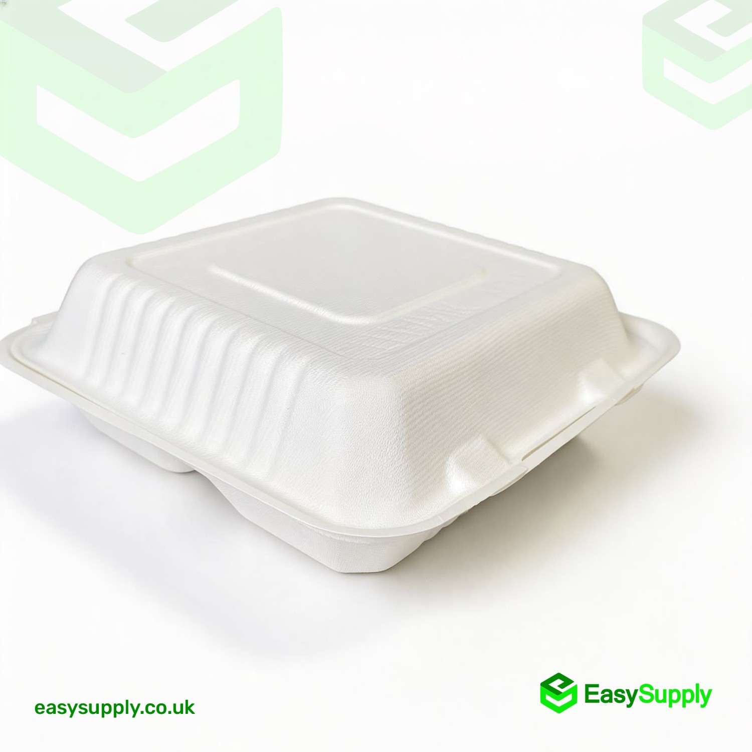 Closed MB3 bagasse clamshell box showing the ribbed lid and tab lock