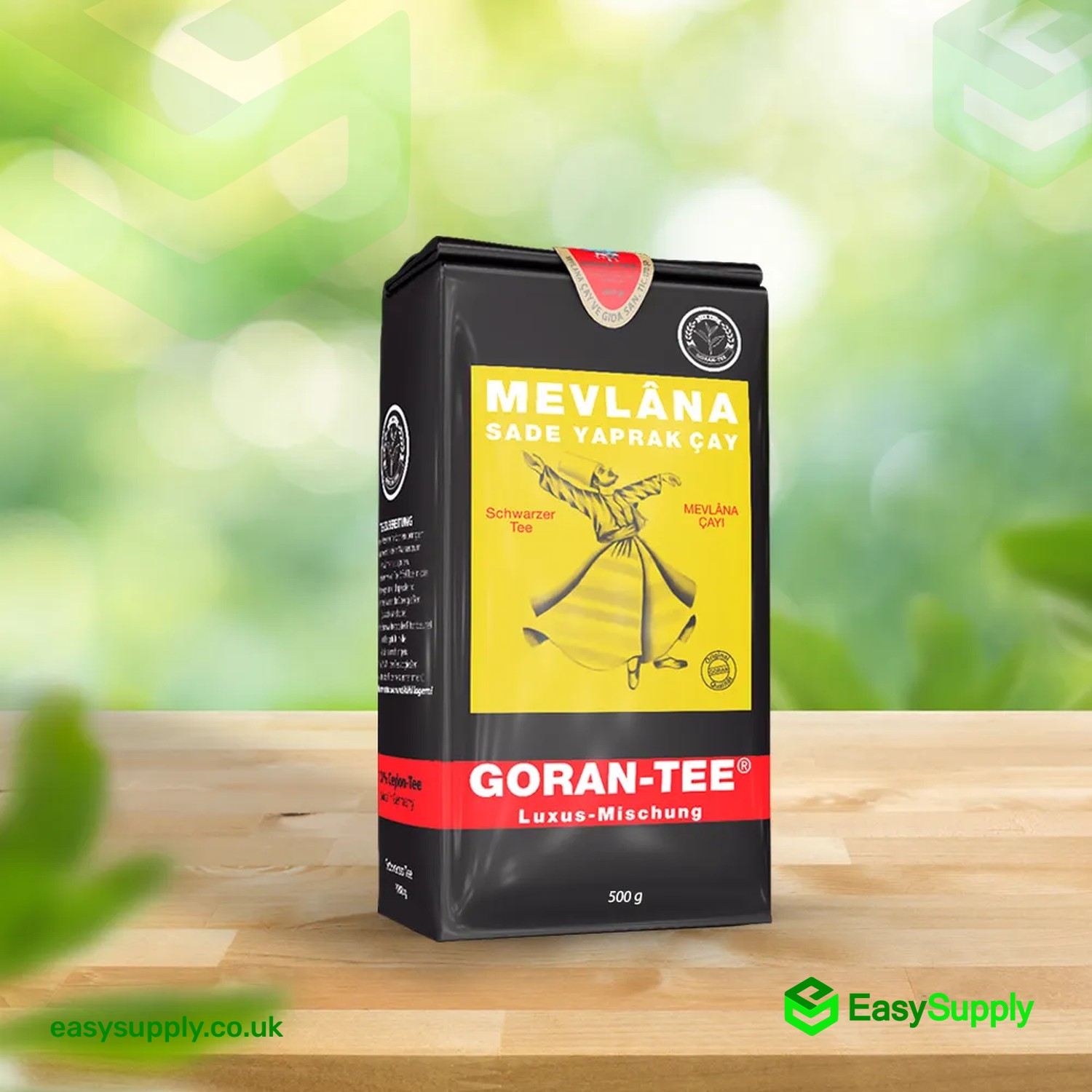 Mevlana Goran Tee 500 g black tea pack on a wooden table