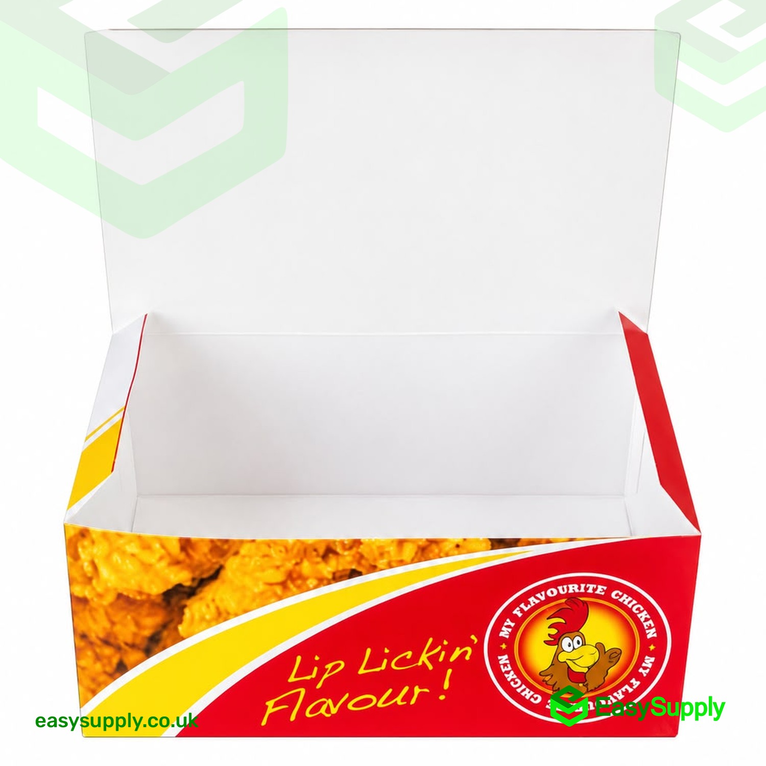 MFC FC0 chicken box open showing the white interior and the Lip Lickin' Flavour side print