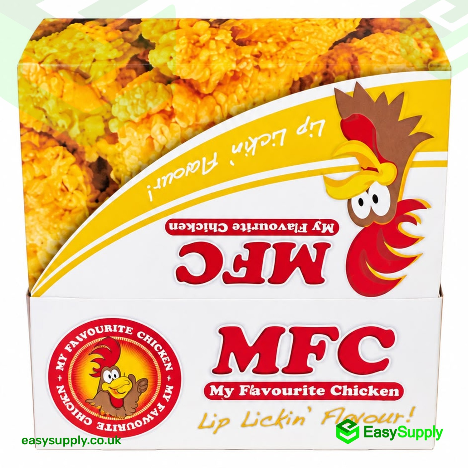 Front panel of the MFC FC0 My Favourite Chicken box with the rooster logo