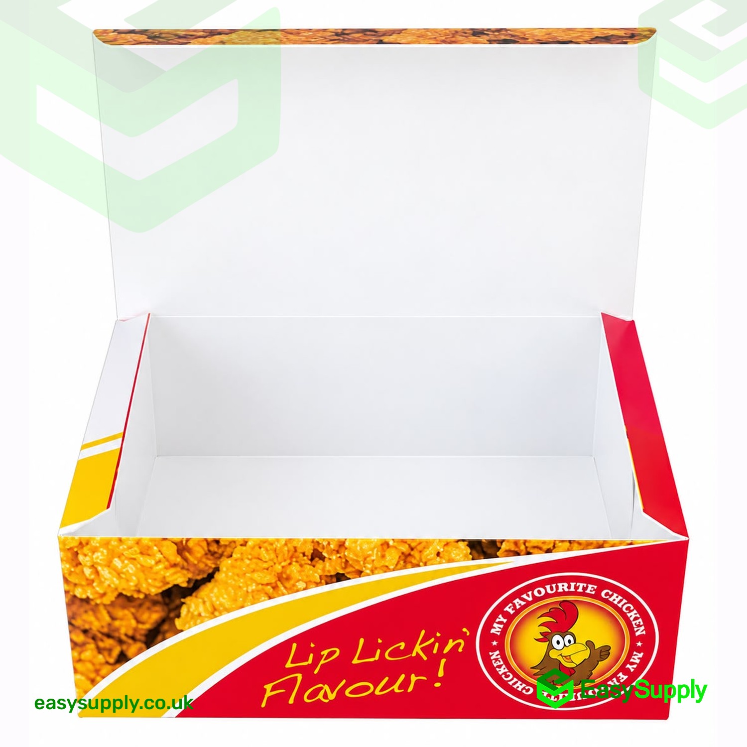 MFC FC1 chicken box open showing the white interior and the Lip Lickin' Flavour side print