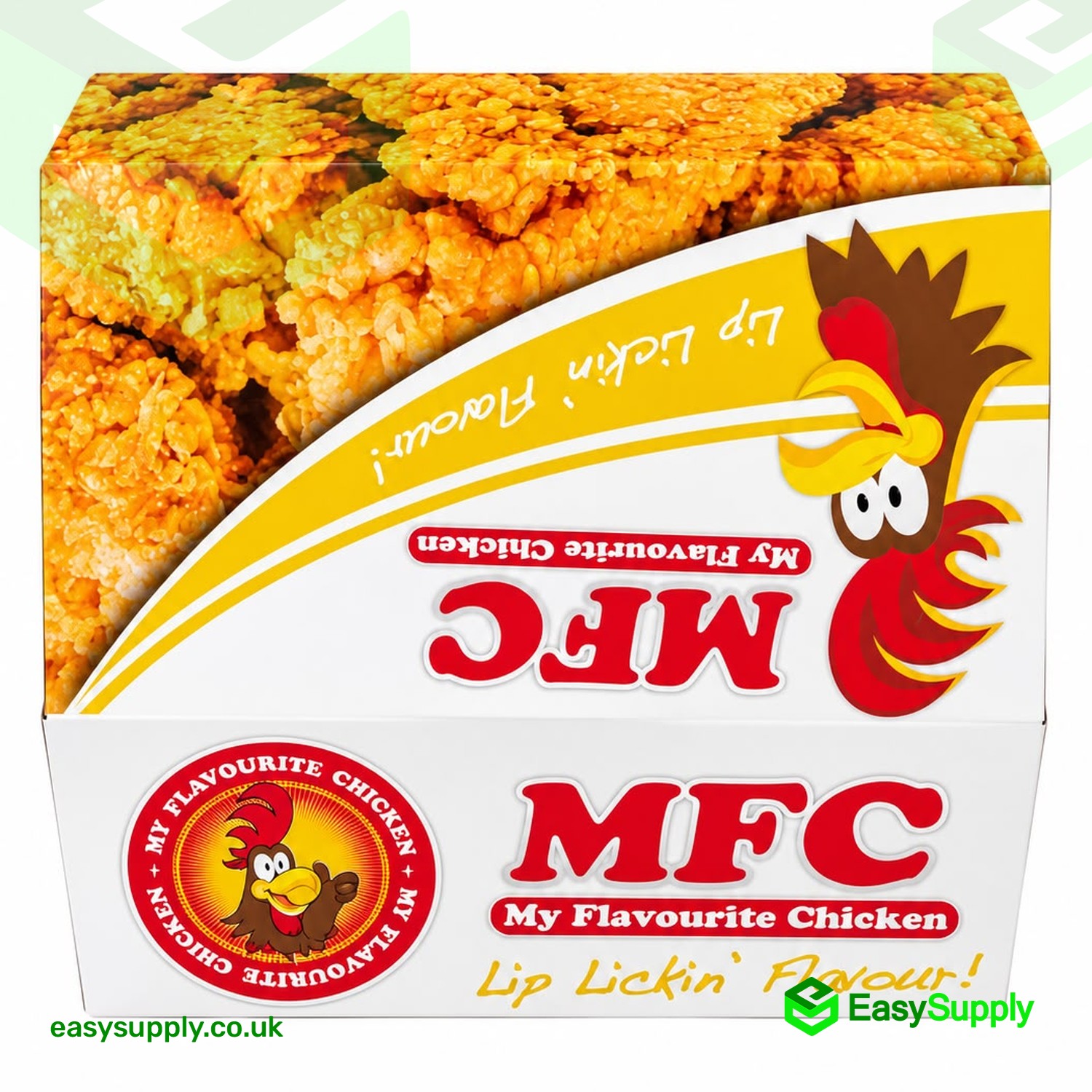 Front panel of the MFC FC1 My Favourite Chicken box with the rooster logo