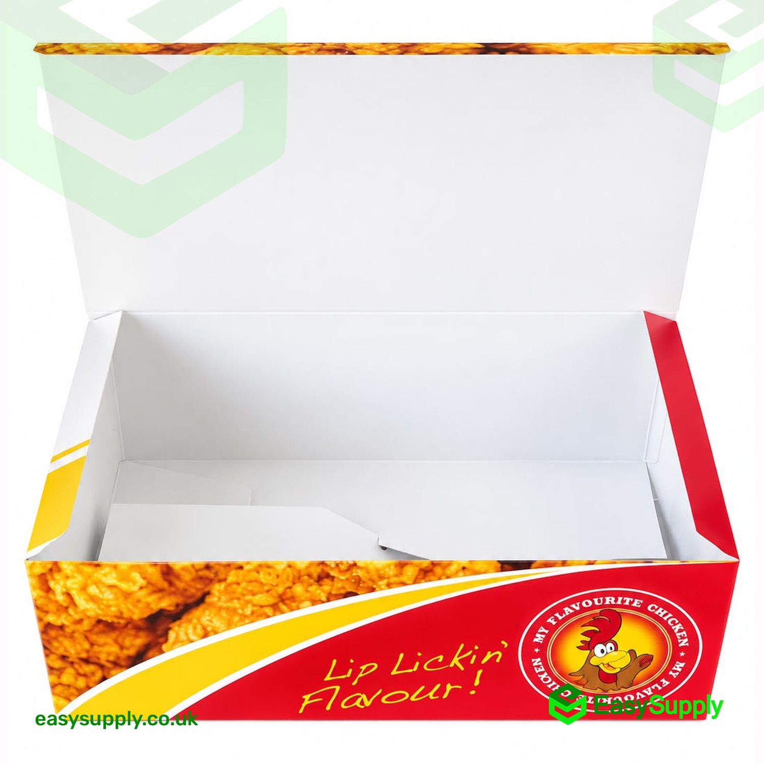 MFC FC3 chicken box open showing the white interior and the Lip Lickin' Flavour side print