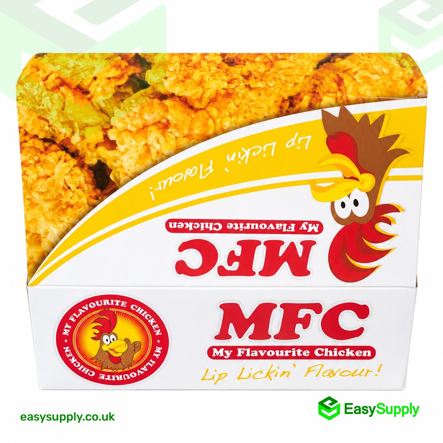 Front panel of the MFC FC3 My Favourite Chicken box with the rooster logo